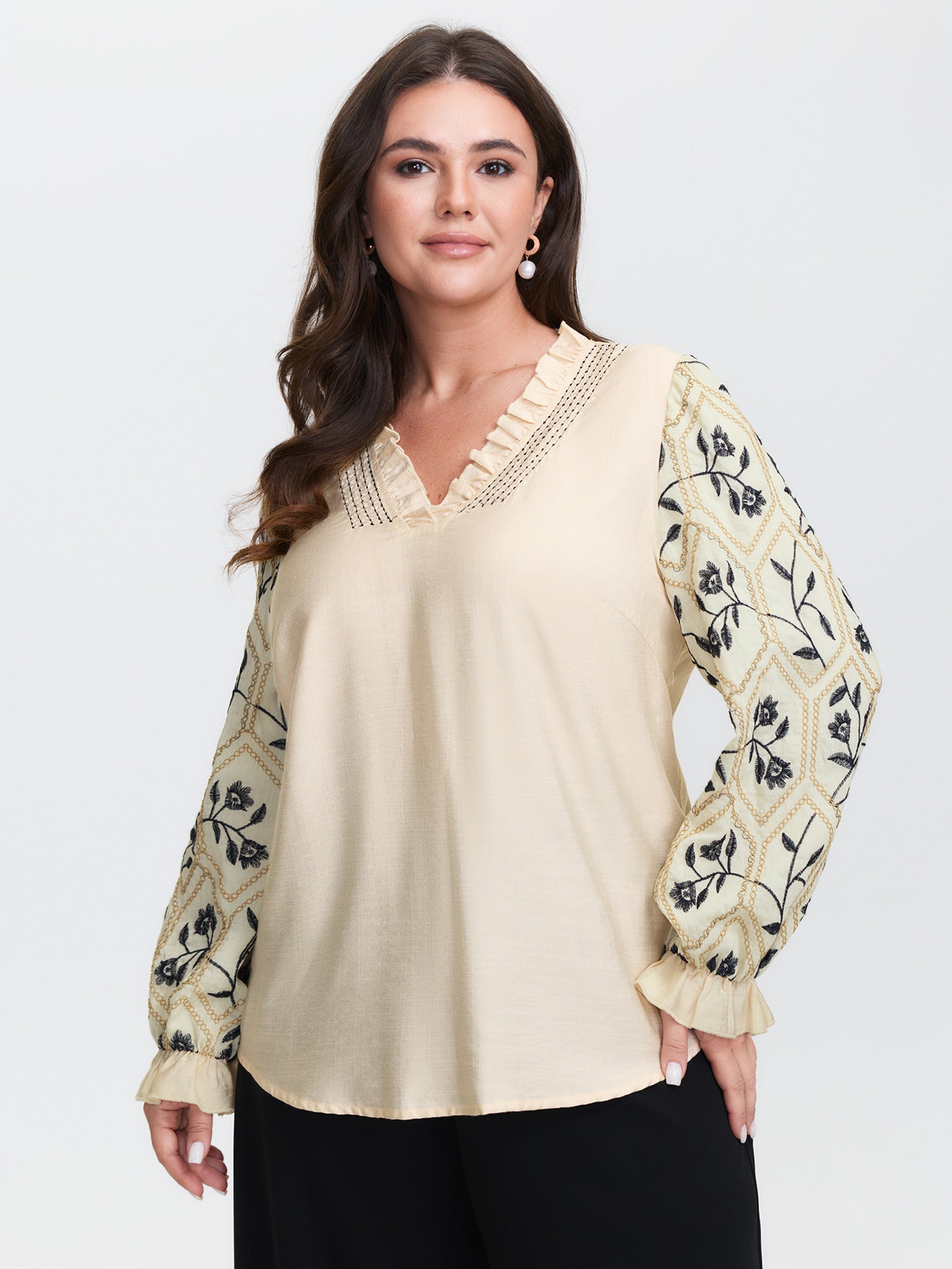Floral Embroidered Sleeve Rayon Blouse
