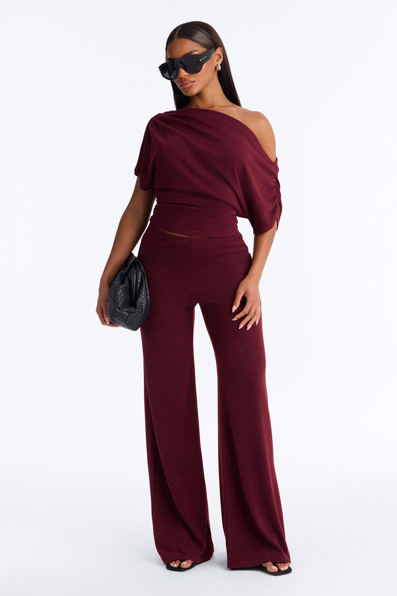 Mariana Knit Off Shoulder Pant Set - Wine