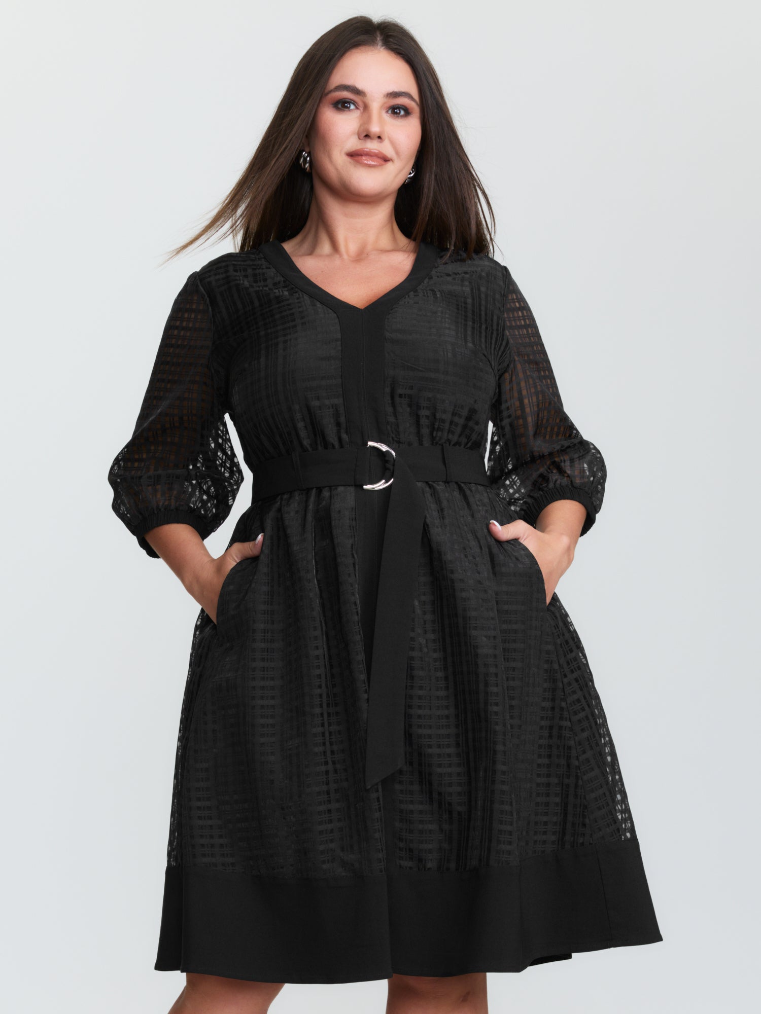 Grid Print Buckle Belt Contrast Mini Dress