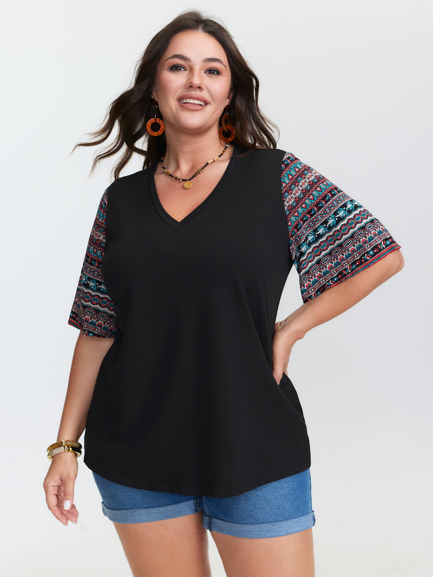 Colorful Boho Sleeve V-Neck Blouse