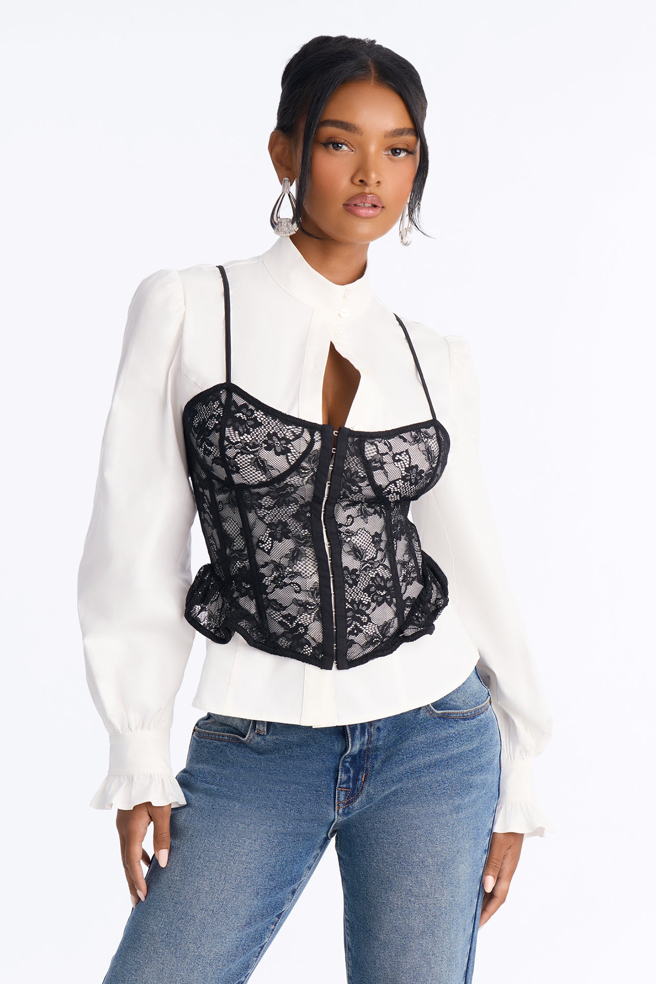 Work Bestie 2 Piece Shirt and Corset Top - White/Black