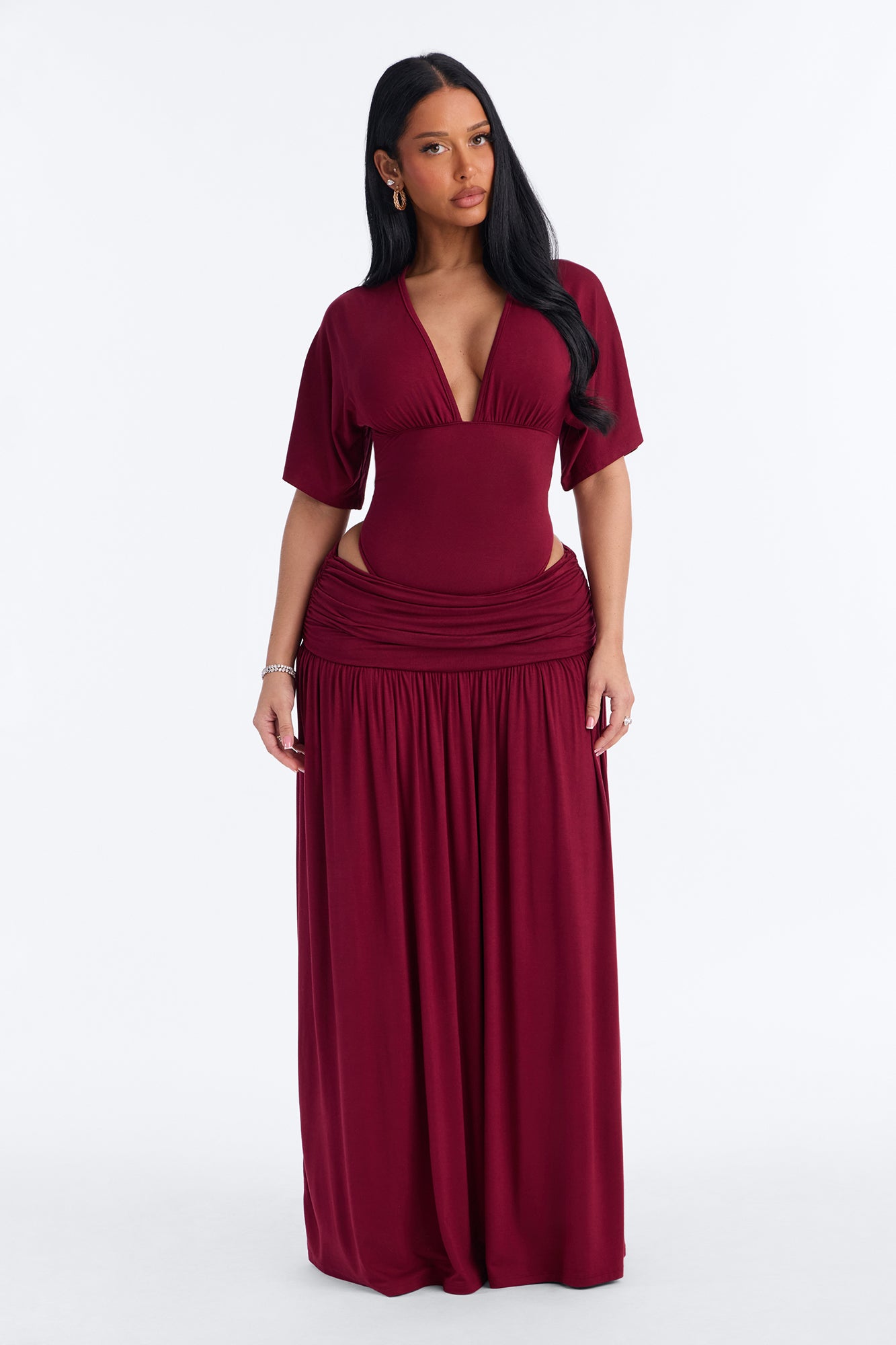 Odelia Bodysuit Maxi Skirt Set - Burgundy