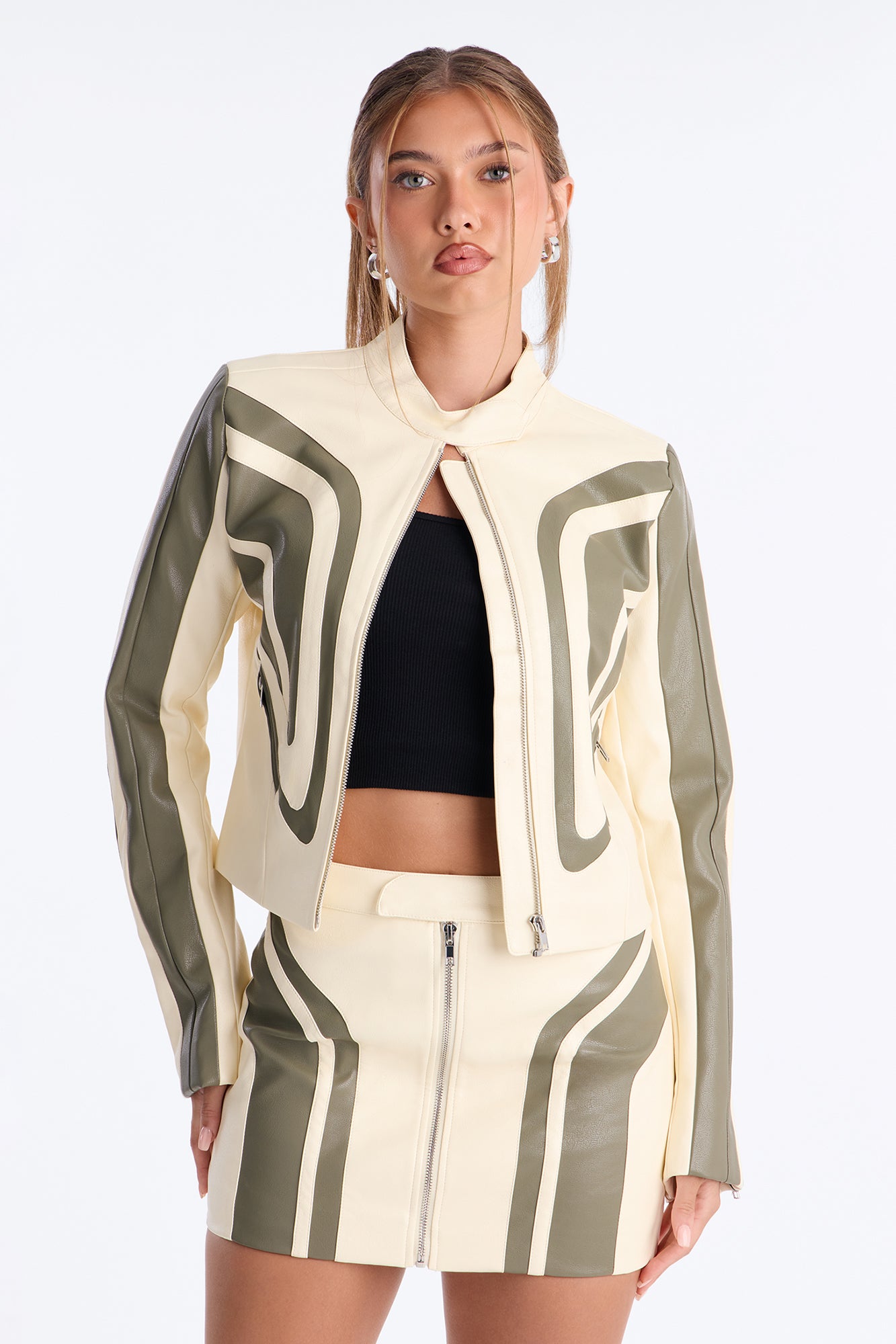 Fast Lane Faux Leather Skirt Set - Cream/combo