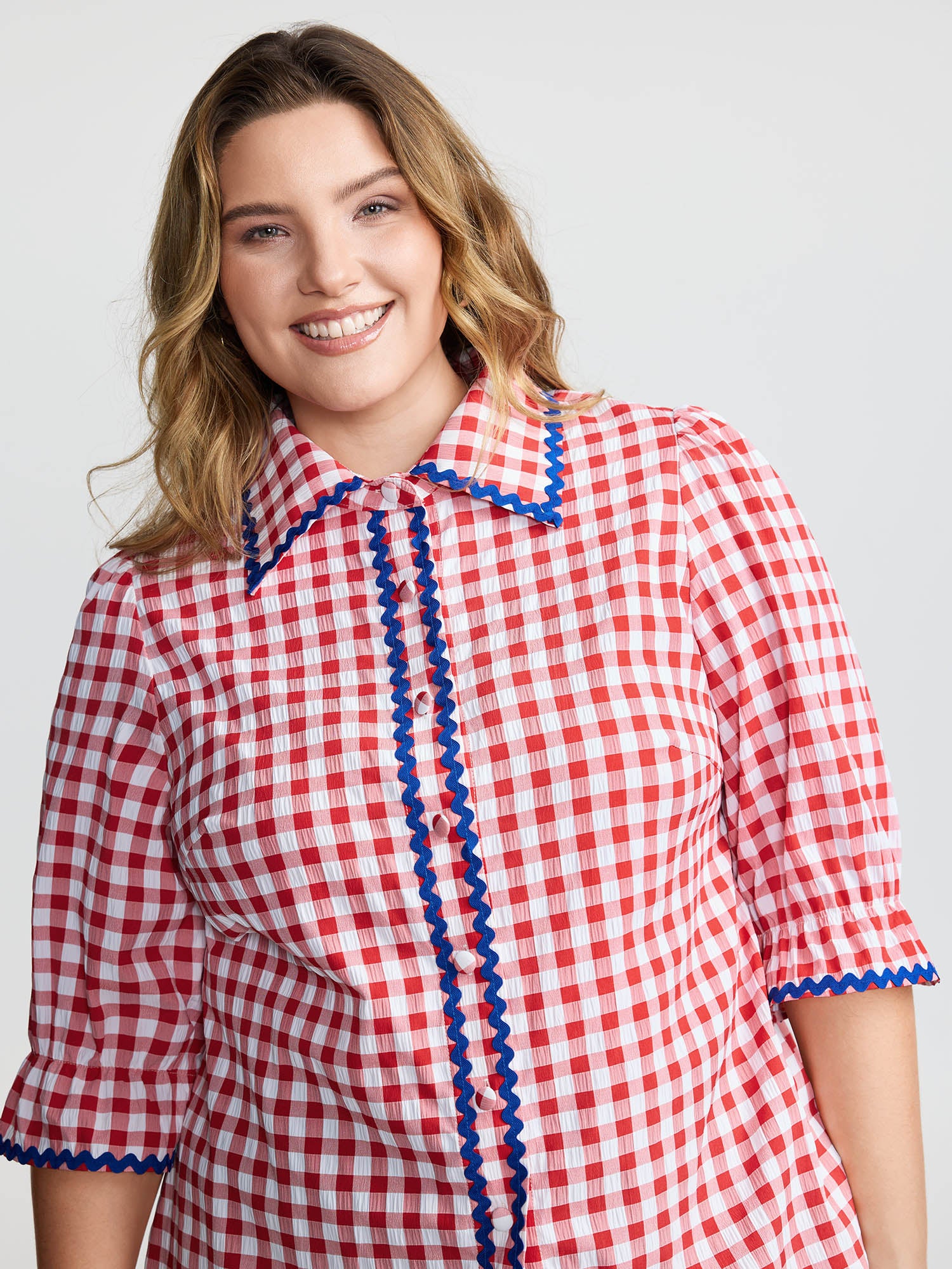 Gingham Color Contrast Edges Blouse
