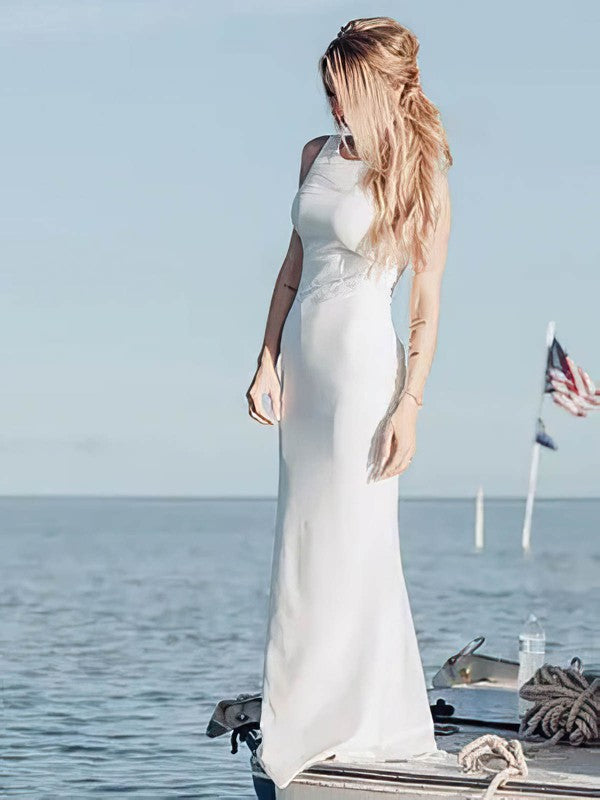 Elegant Sheath Jewel Neck Stretch Satin Sweep Train Wedding Dresses