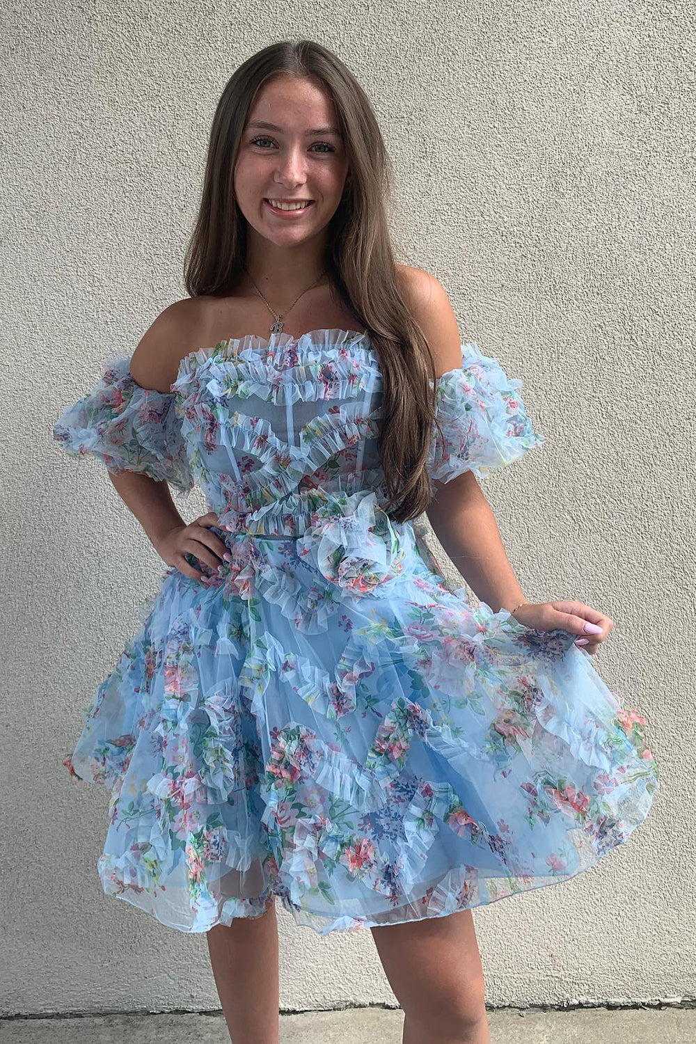 Fluffy Blue Corset Off The Shoulder A-Line Short Homecoming Dress/Mini Dress