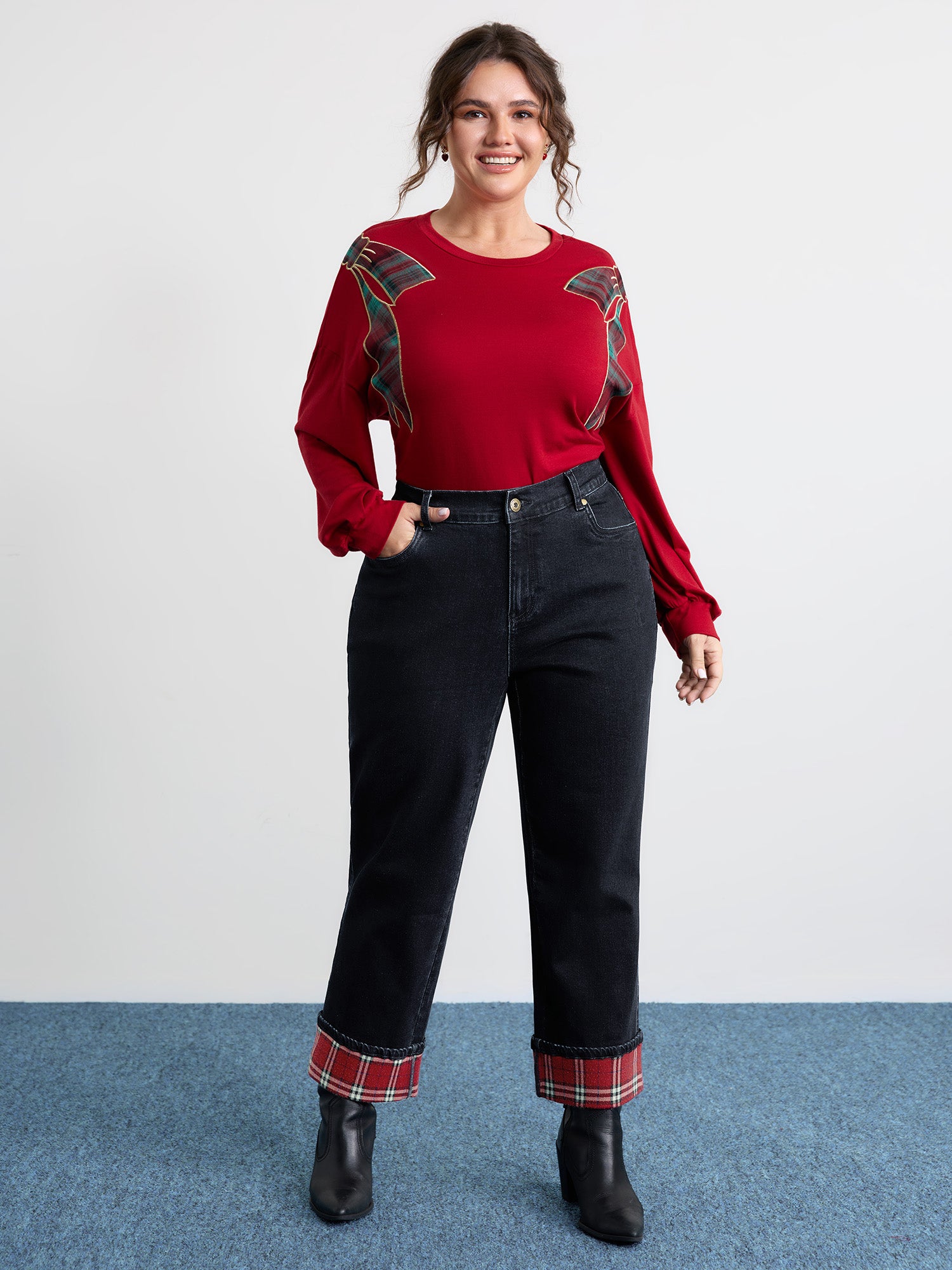 Plaid Folded Hem Cropped Straight-Leg Jeans
