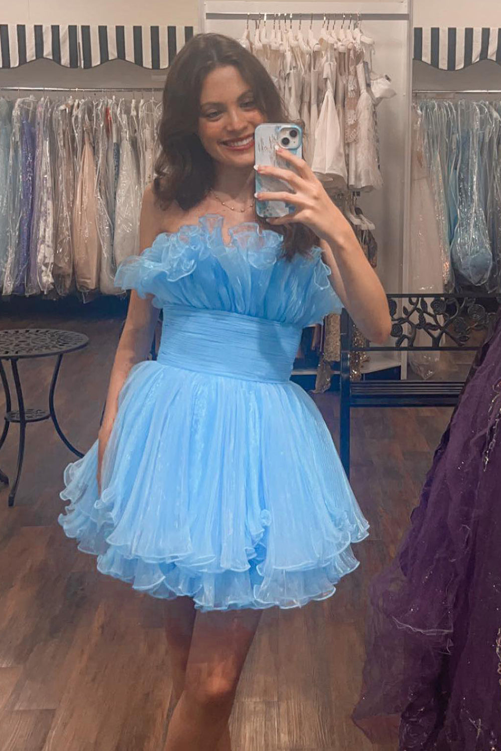 Fluffy Blue A-Line Strapless Ruffled Short Homecoming Dress/Mini Dress