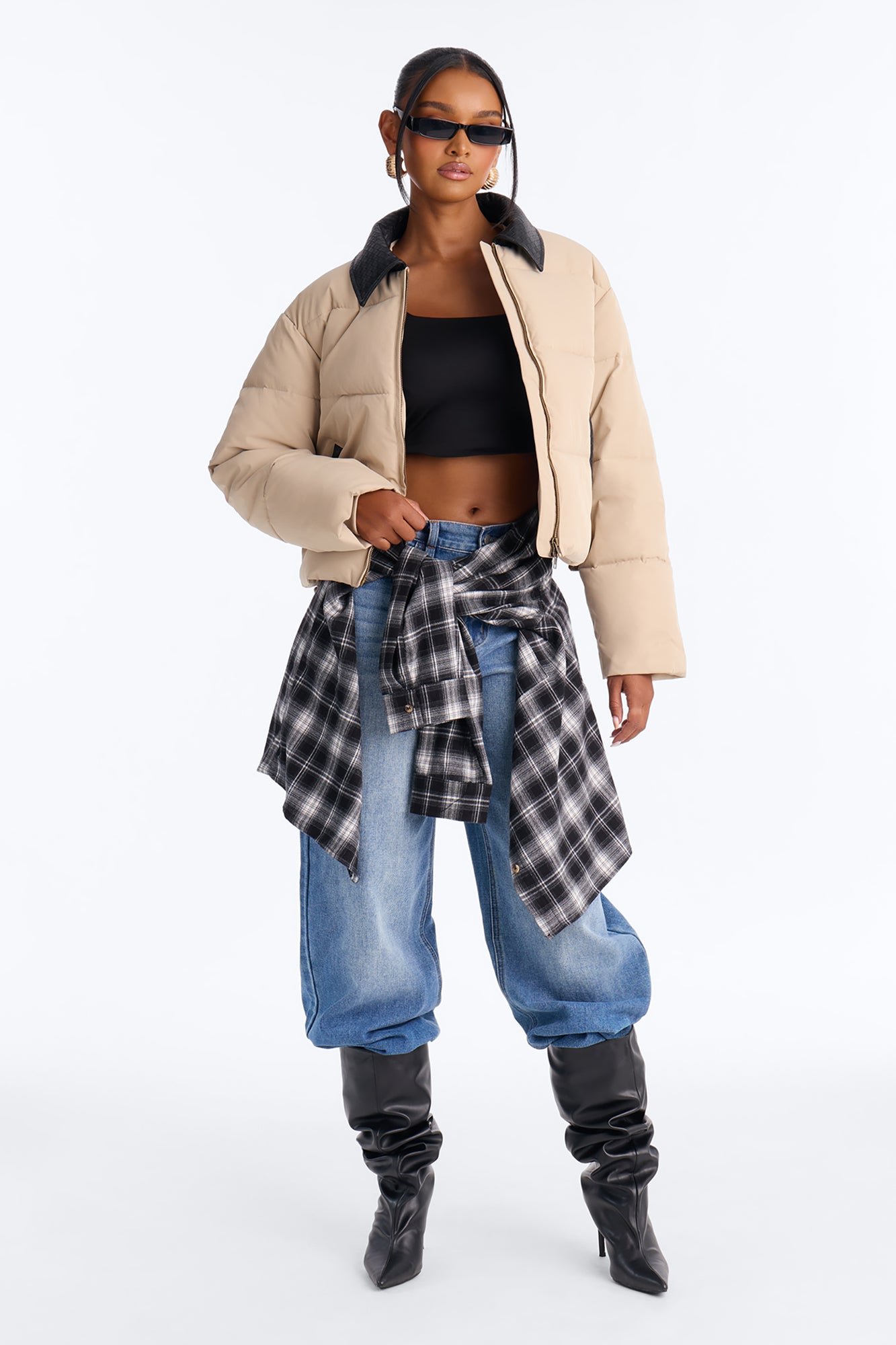 Staying Chic Contrast Collar Elastic Hem Puffer - Khaki/combo