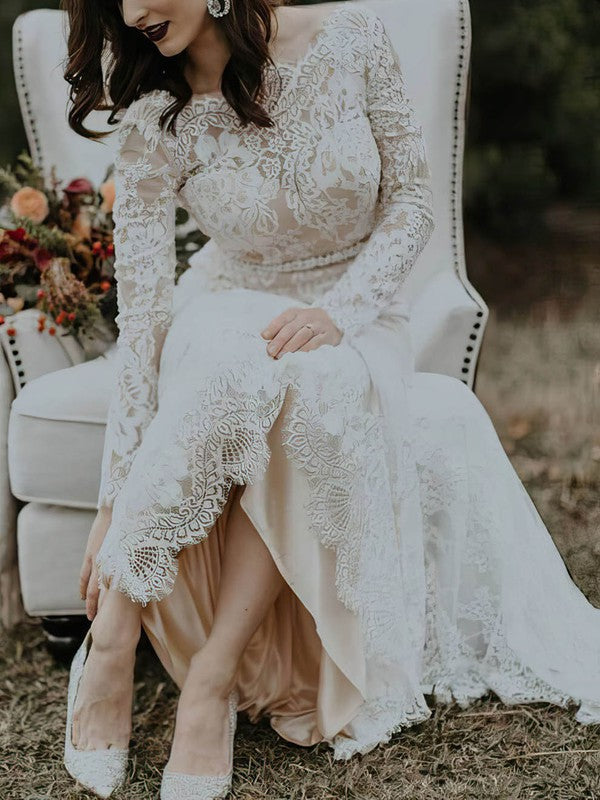 Charming Sheath Long Sleeves Backless Lace Wedding Dresses with Court Train