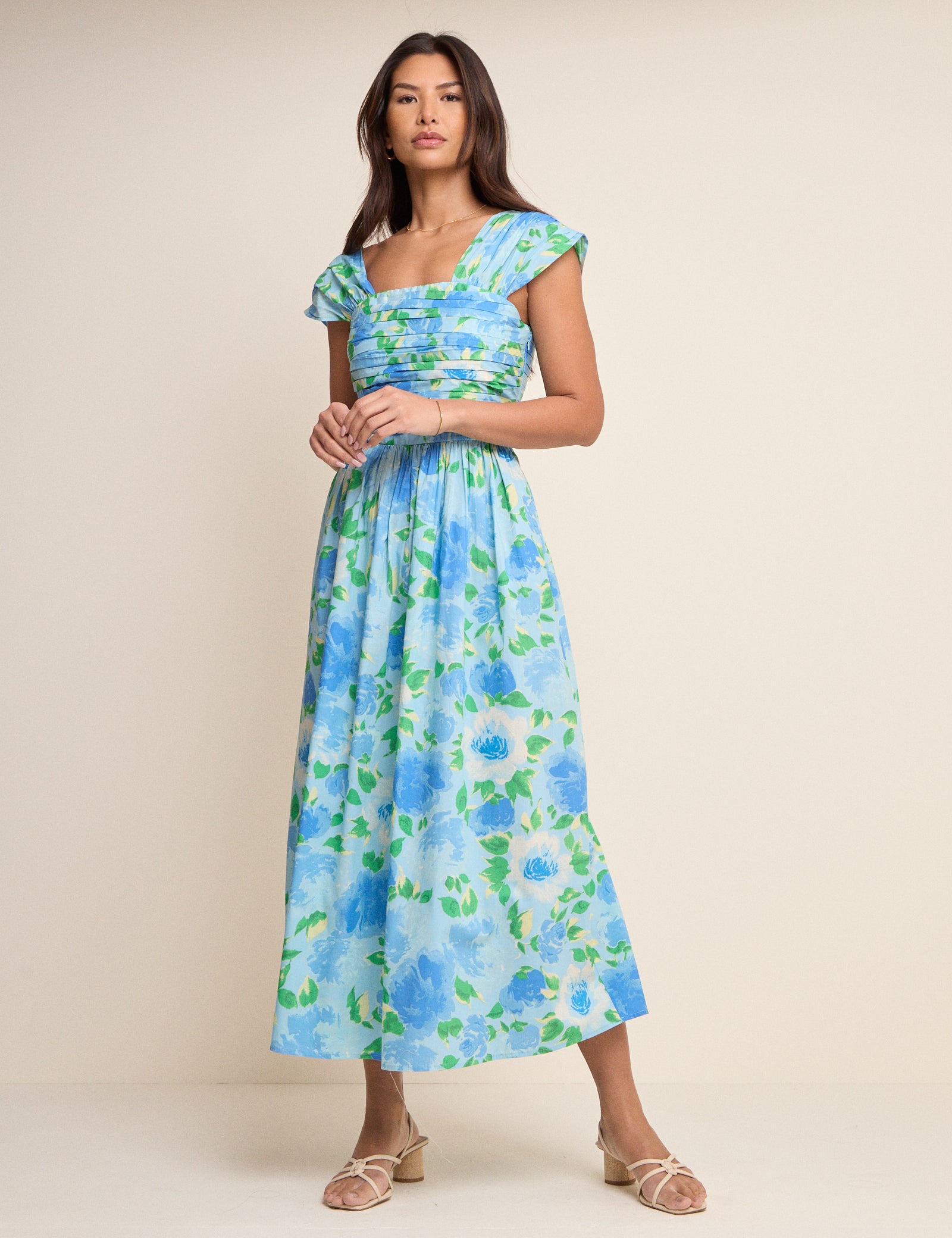 Blue Floral Pleated Mika Midi Dress