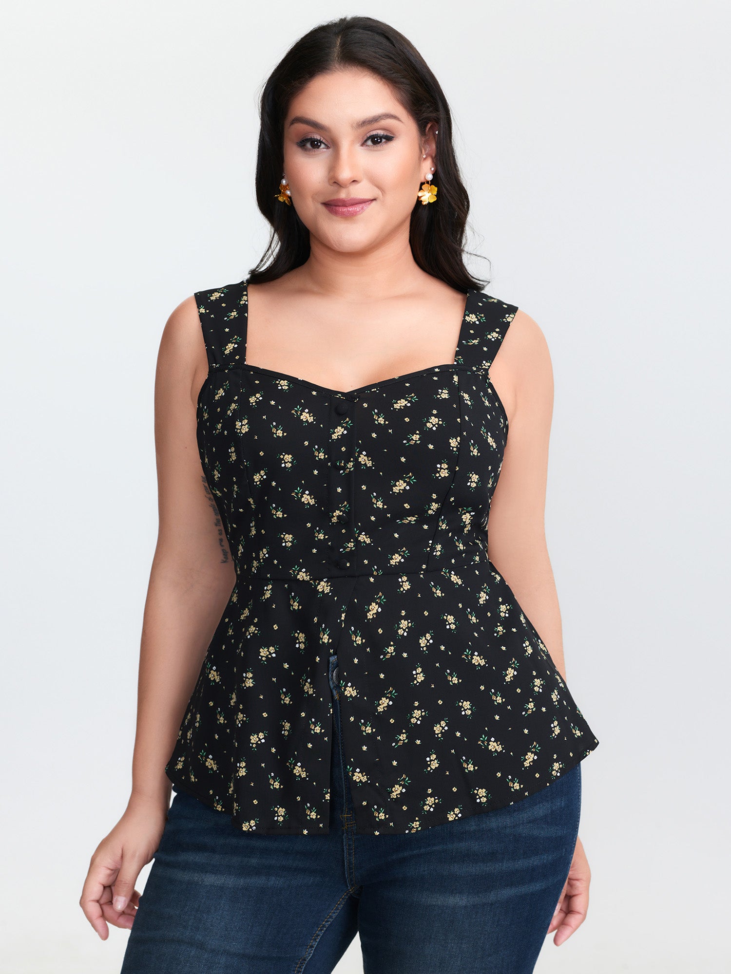 Floral Print Shirred Cinched-Waist Tank Top