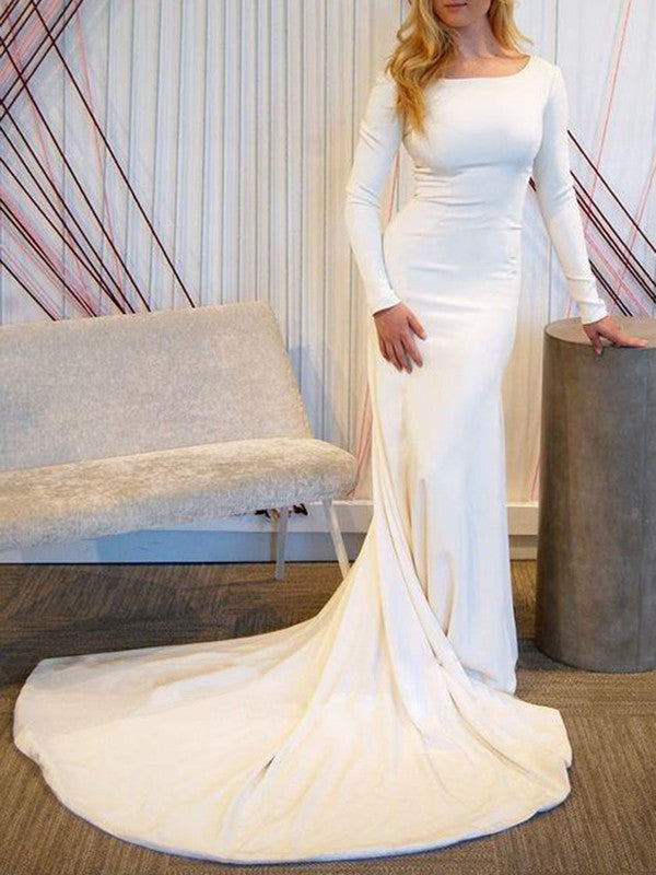 Elegant Trumpet Long Sleeves Stretch Satin Court Train Wedding Dresses