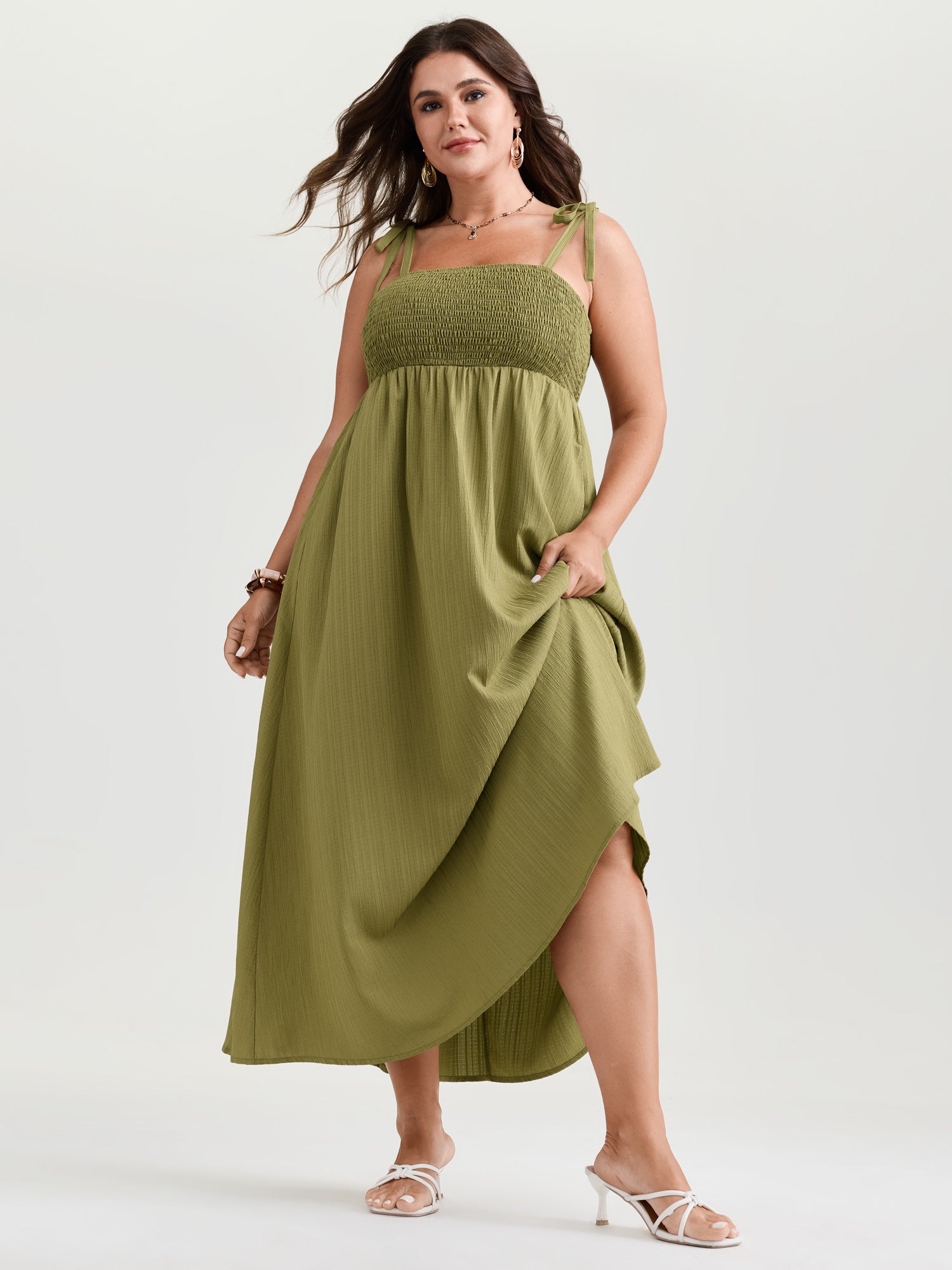 Shirred Bodice Shoulder Ties Maxi Dress