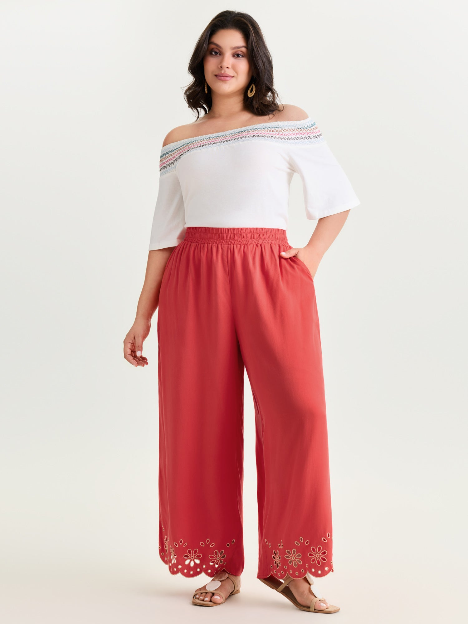 Embroidered Hem Straight Leg Pants