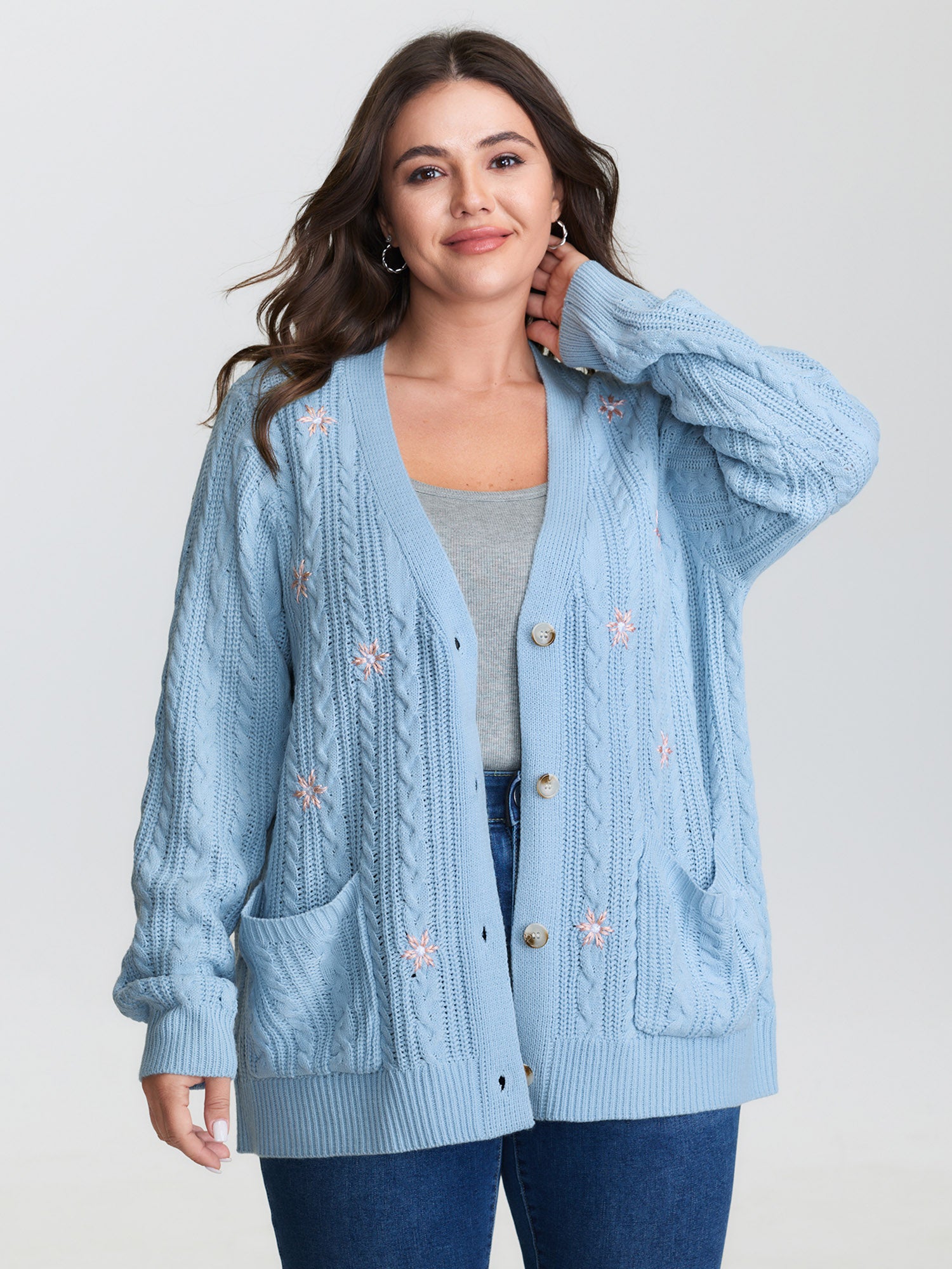 Braided Texture Floral Embroidery Knit Cardigan
