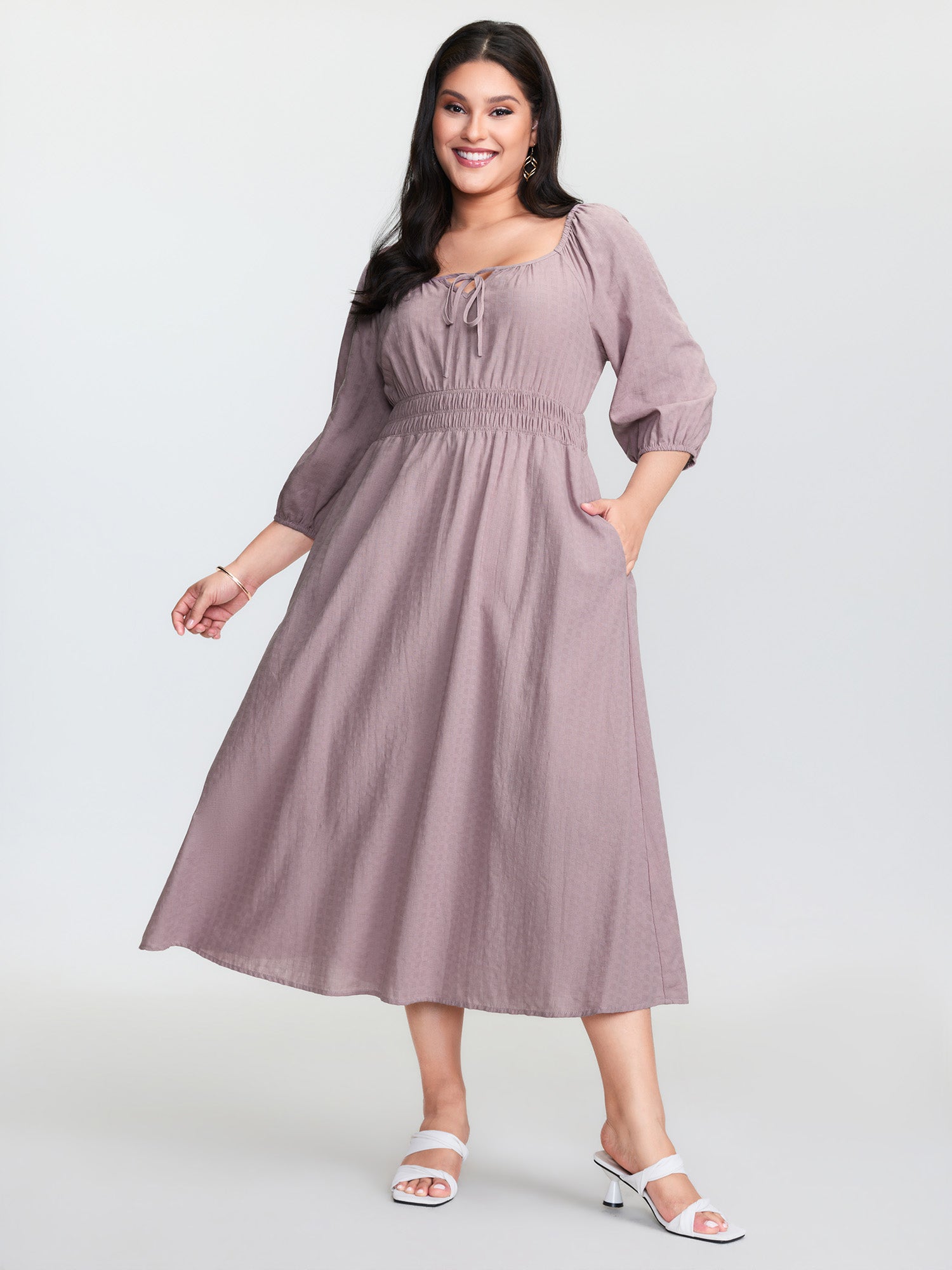 Cotton Drawstring Neckline Shirred Waist Midi Dress