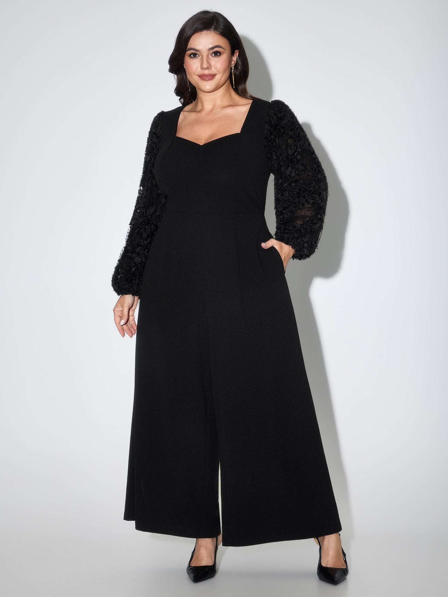 3D Floral Mesh Wide Leg Jumpsuit