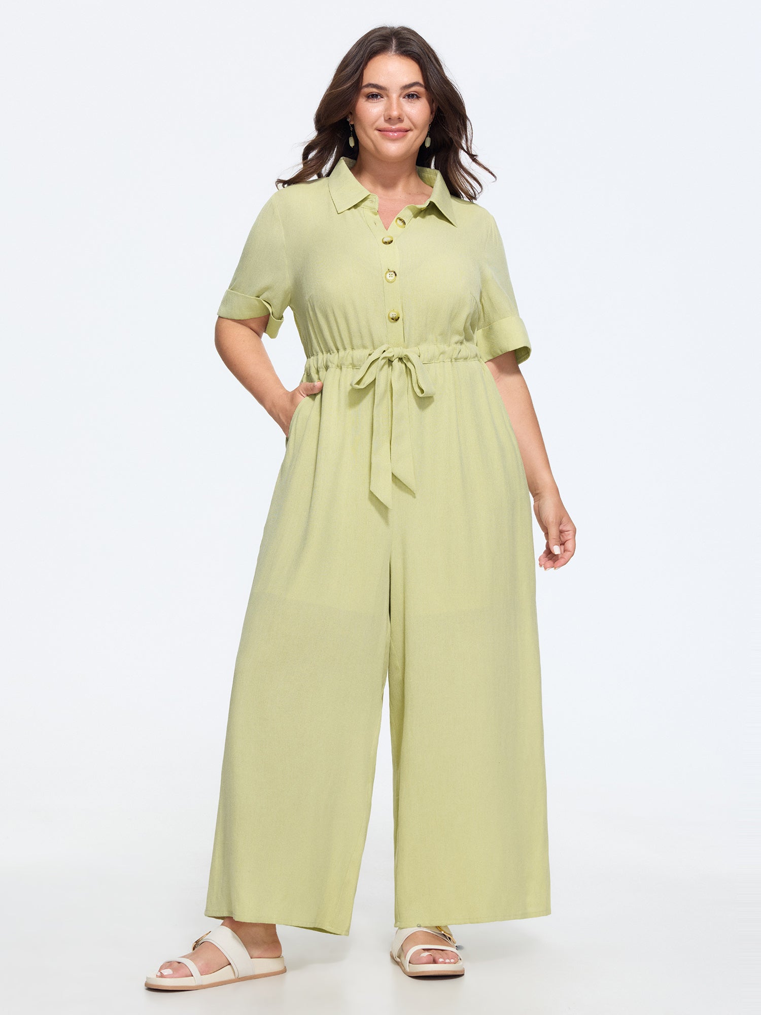 Button Front Drawstring Waist Wide Leg Jumpsuit