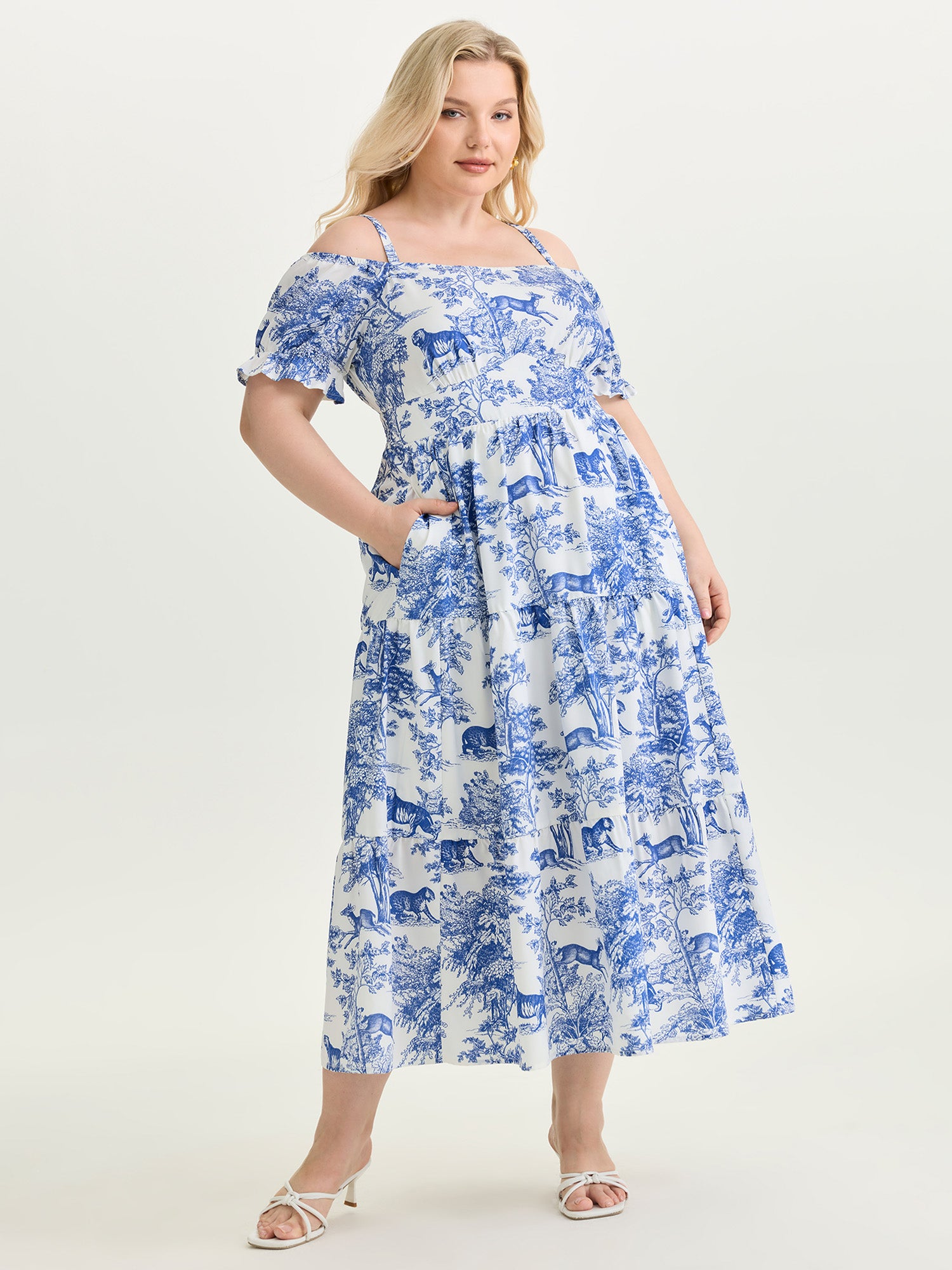 Forest Print Cold-Shoulder Flowy Maxi Dress