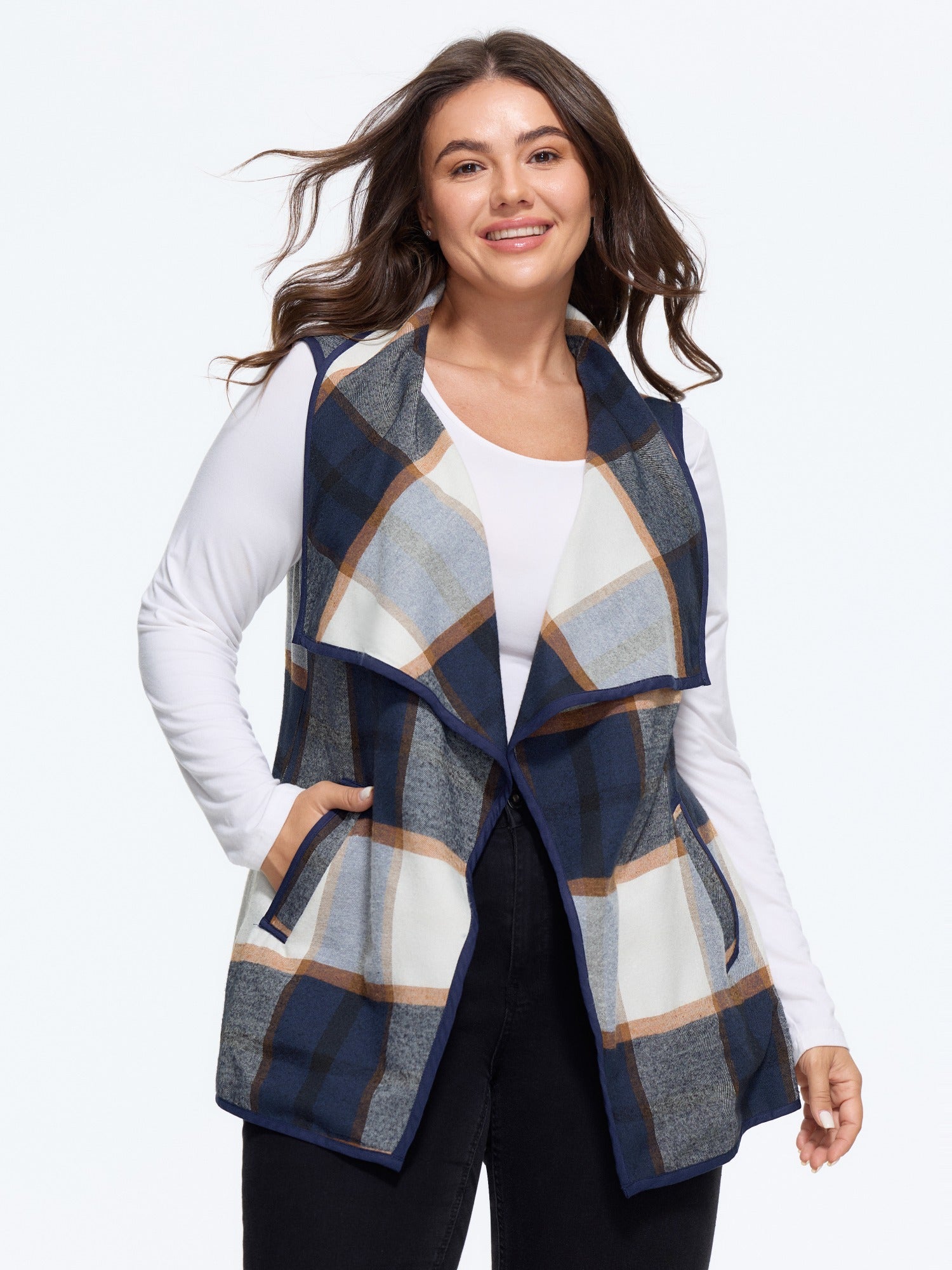 Plaid Waterfall Lapel Open‑Front Vest