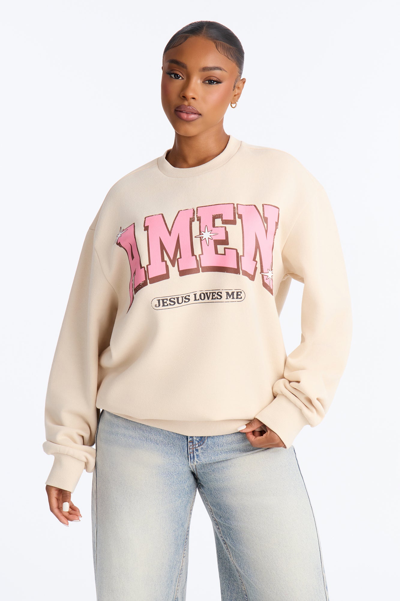 Jesus Loves Me Amen Crewneck Sweatshirt - Sand