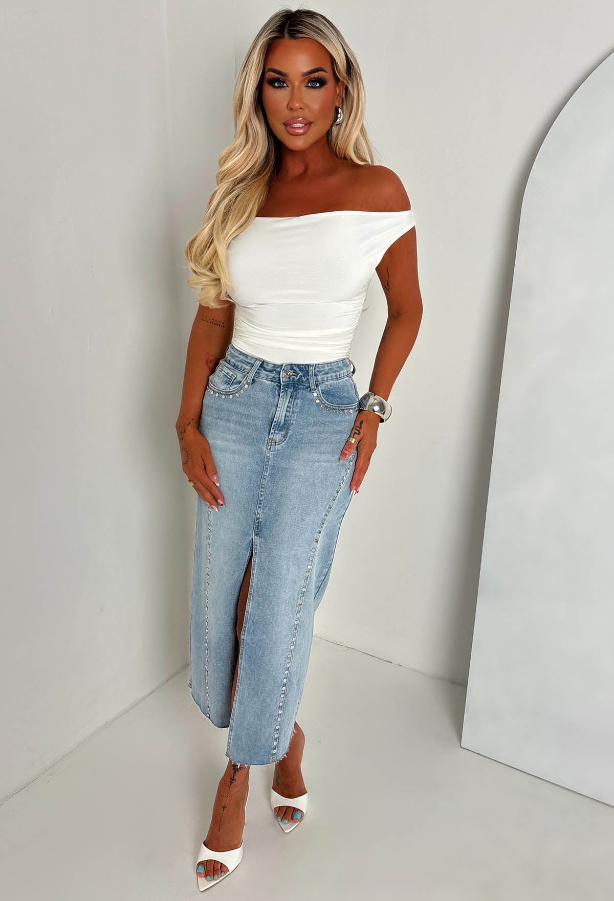 True Blue Light Wash Stretch Denim Studded Skirt