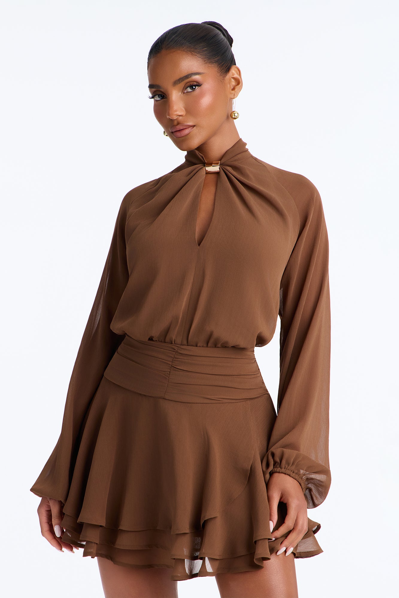 Sheer Elegance Chiffon Mini Dress - Brown