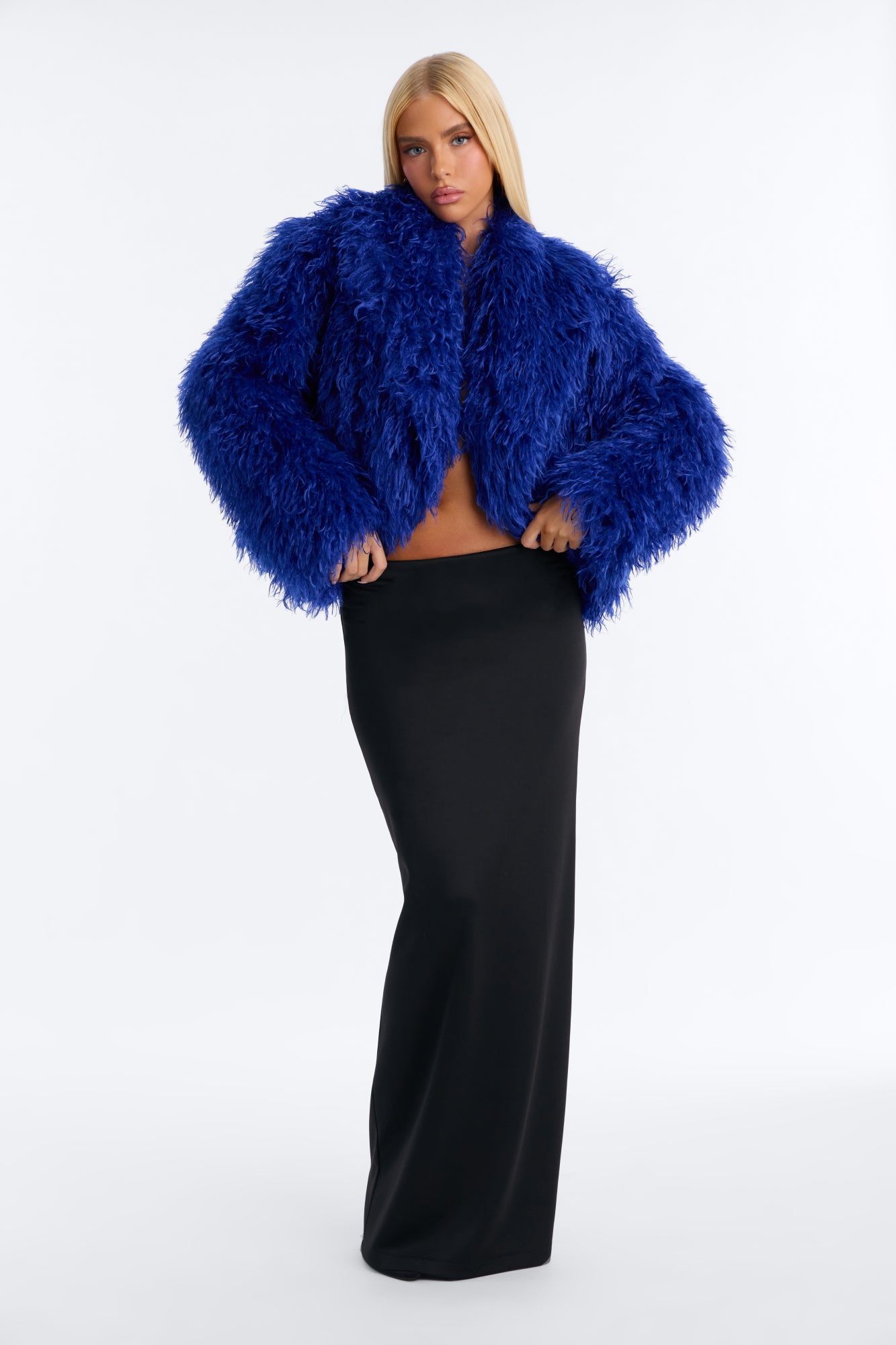 Sierra Shag Faux Fur Long Sleeve Coat - Blue