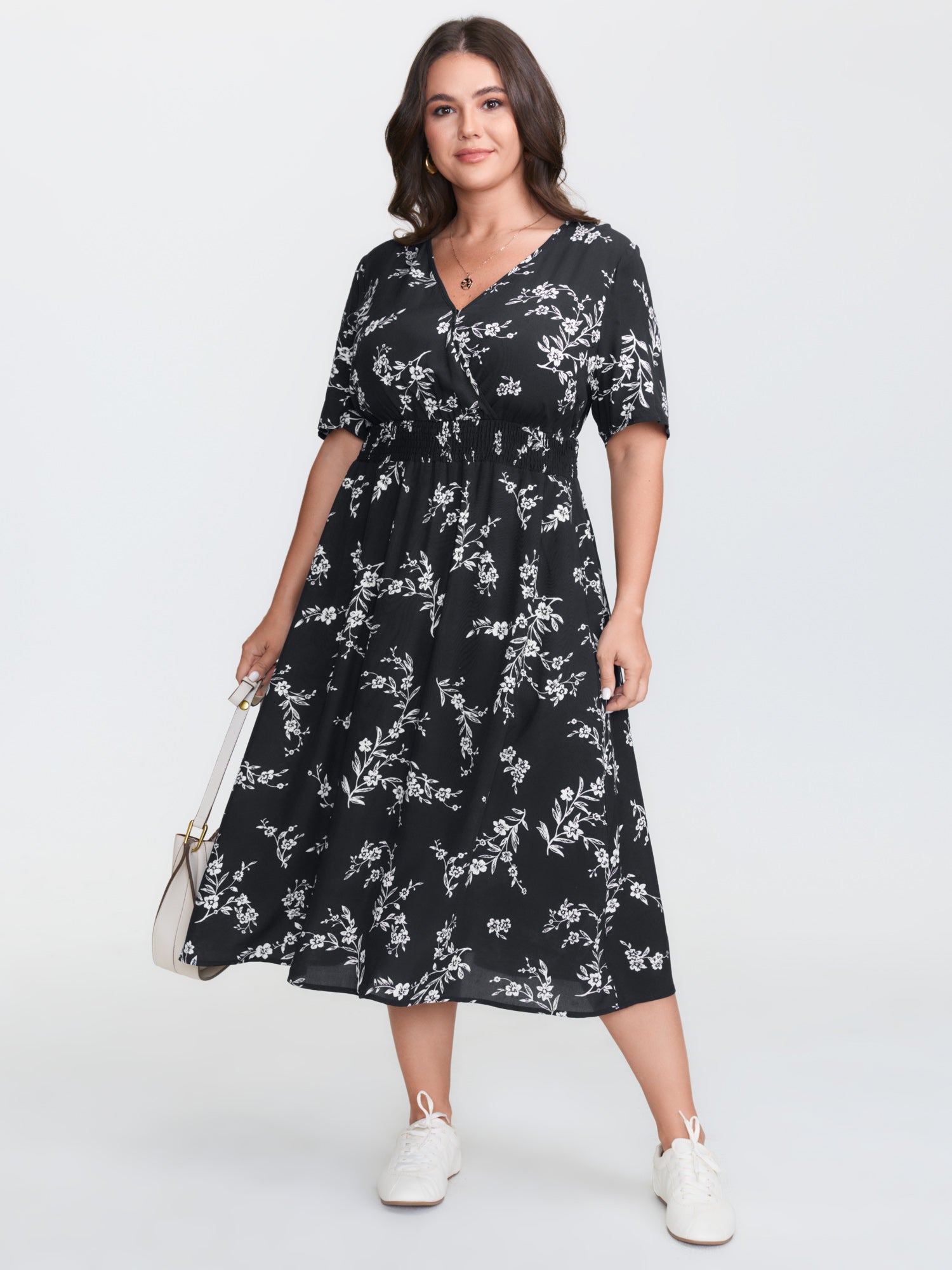 Floral Print Wrap Neckline Shirred Midi Dress