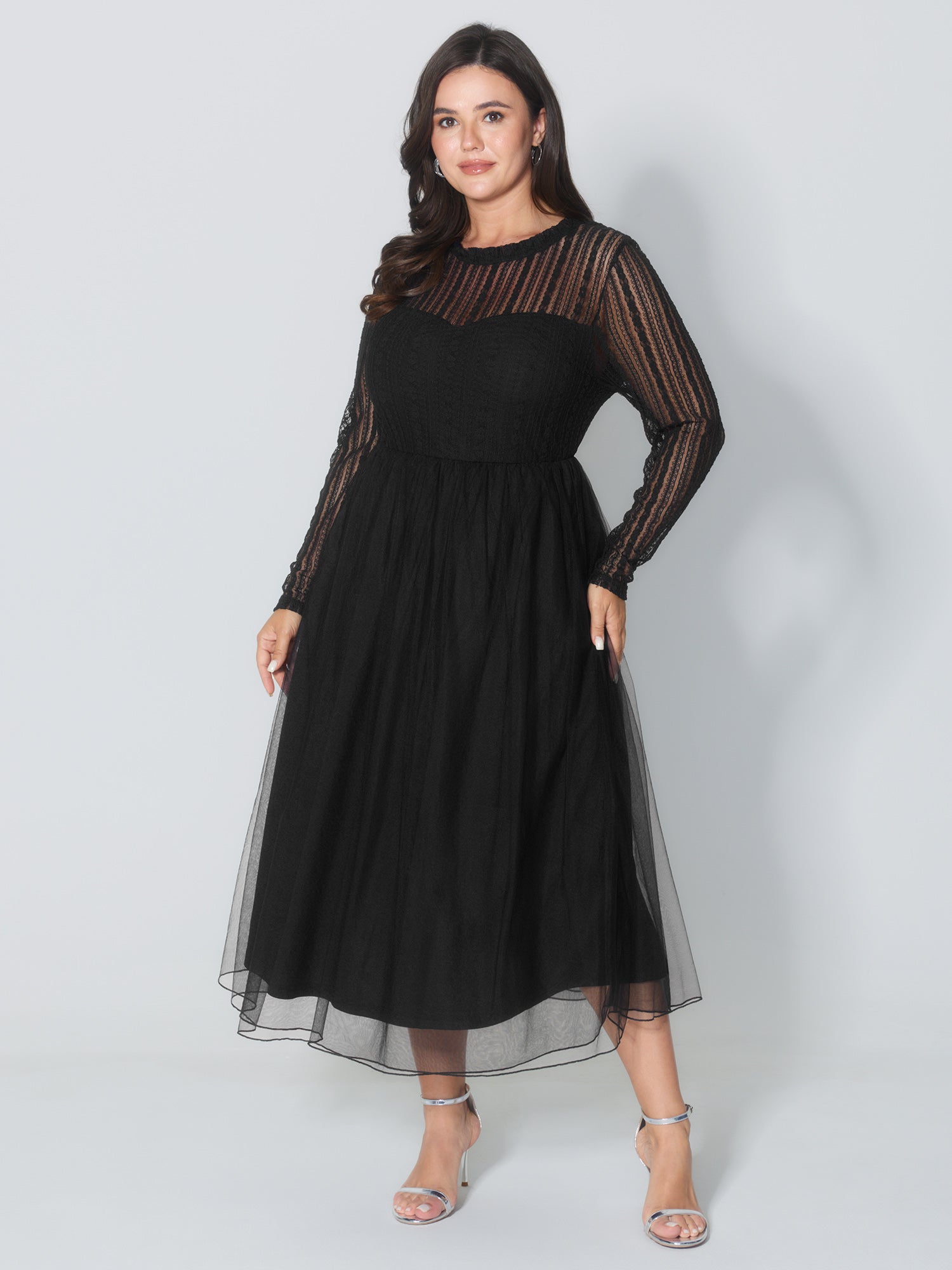 Mock Neck Sheer Stretchy Midi Dress