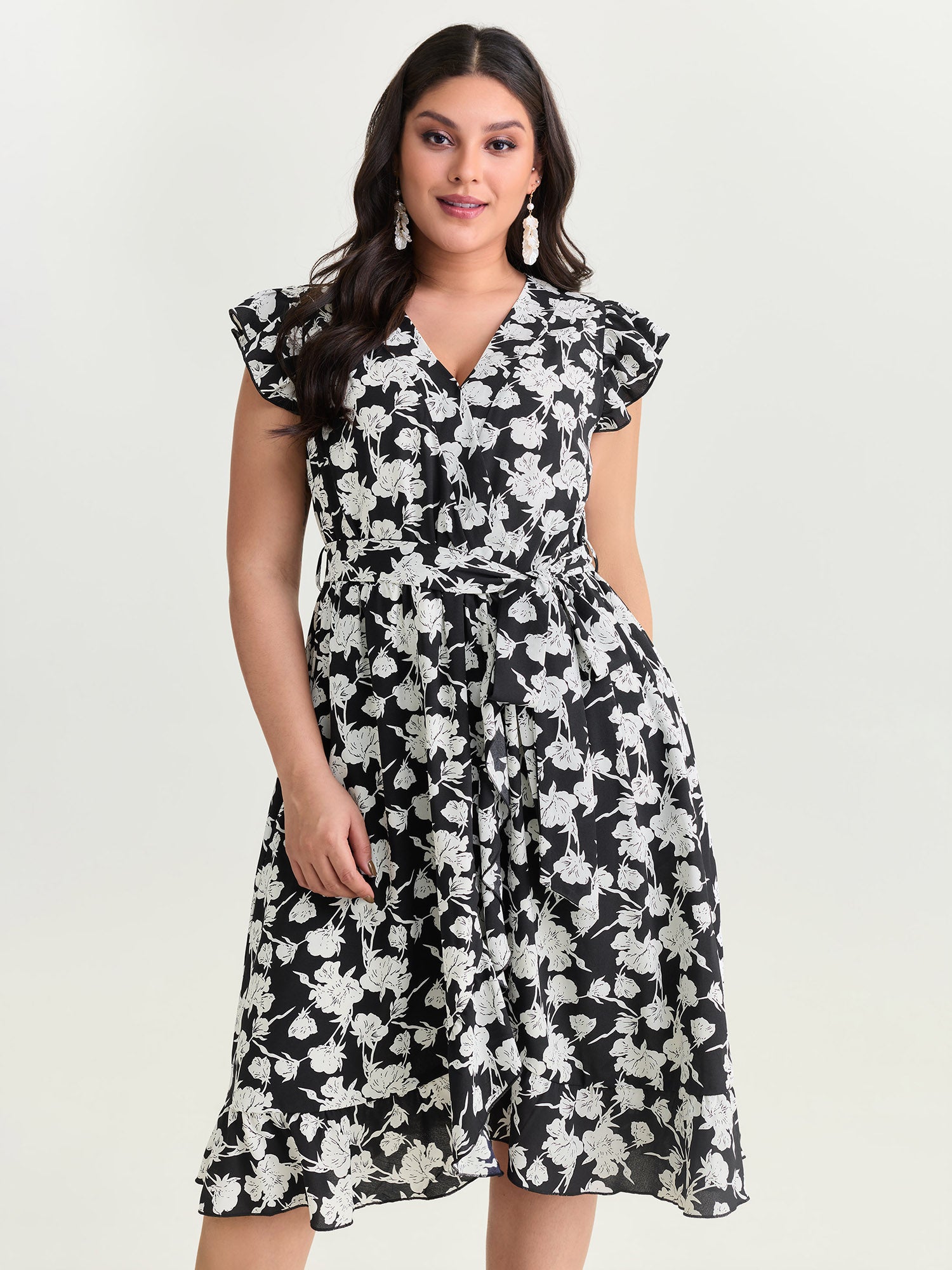 Floral Print Wrap Neckline Side Tie Midi Dress