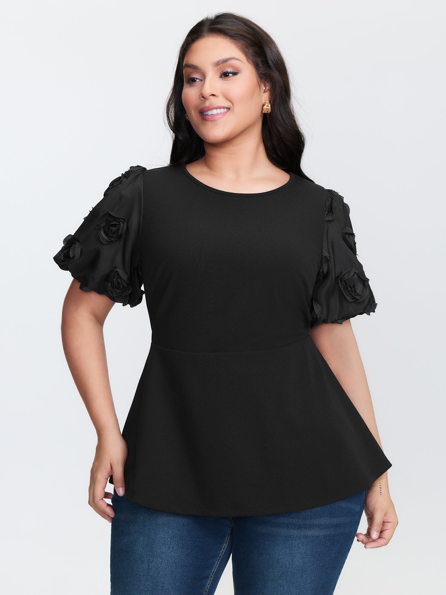 3D Textured Sleeve Cinched-Waist T-Shirt