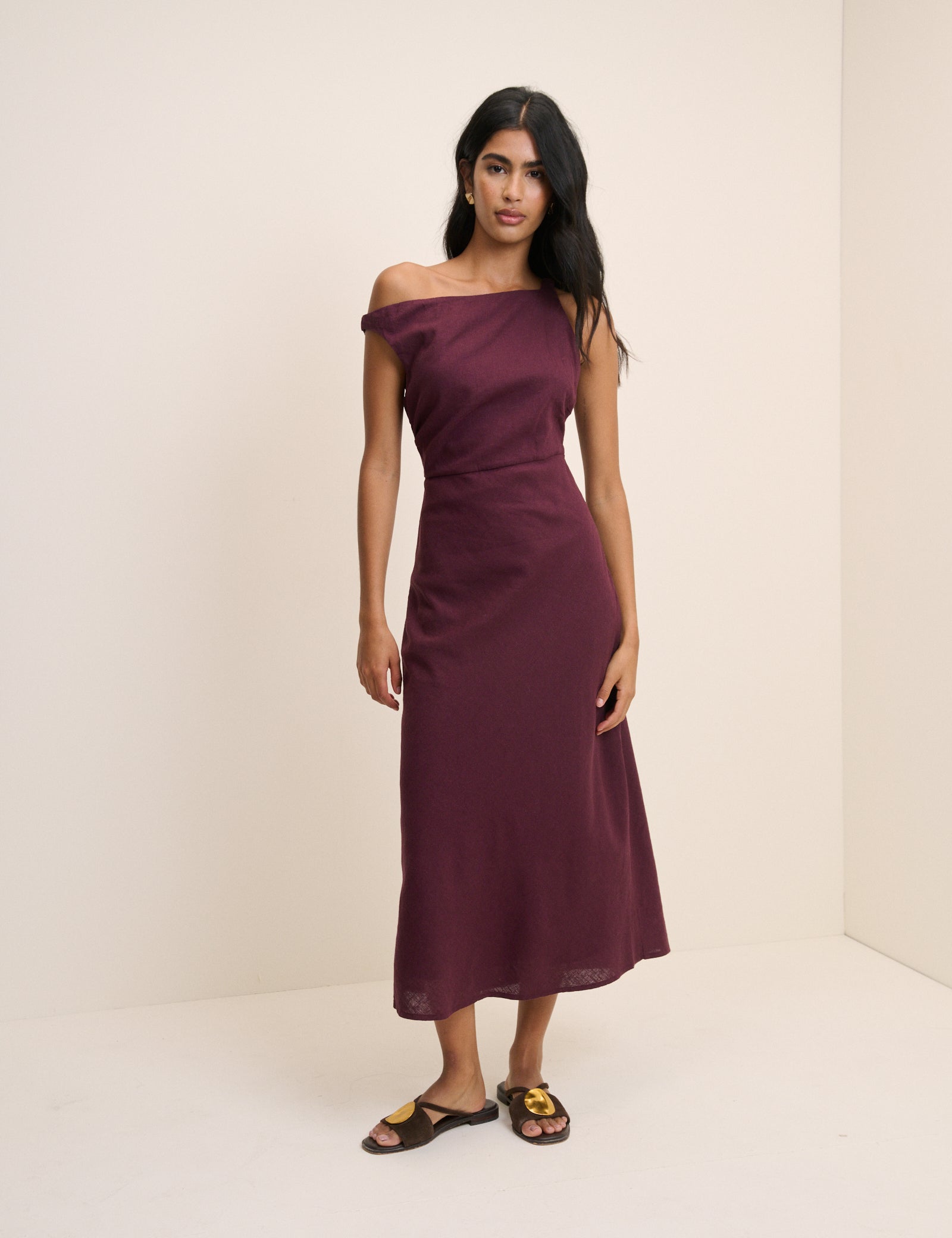 Plum Linen-Rich Kalani Midi Dress