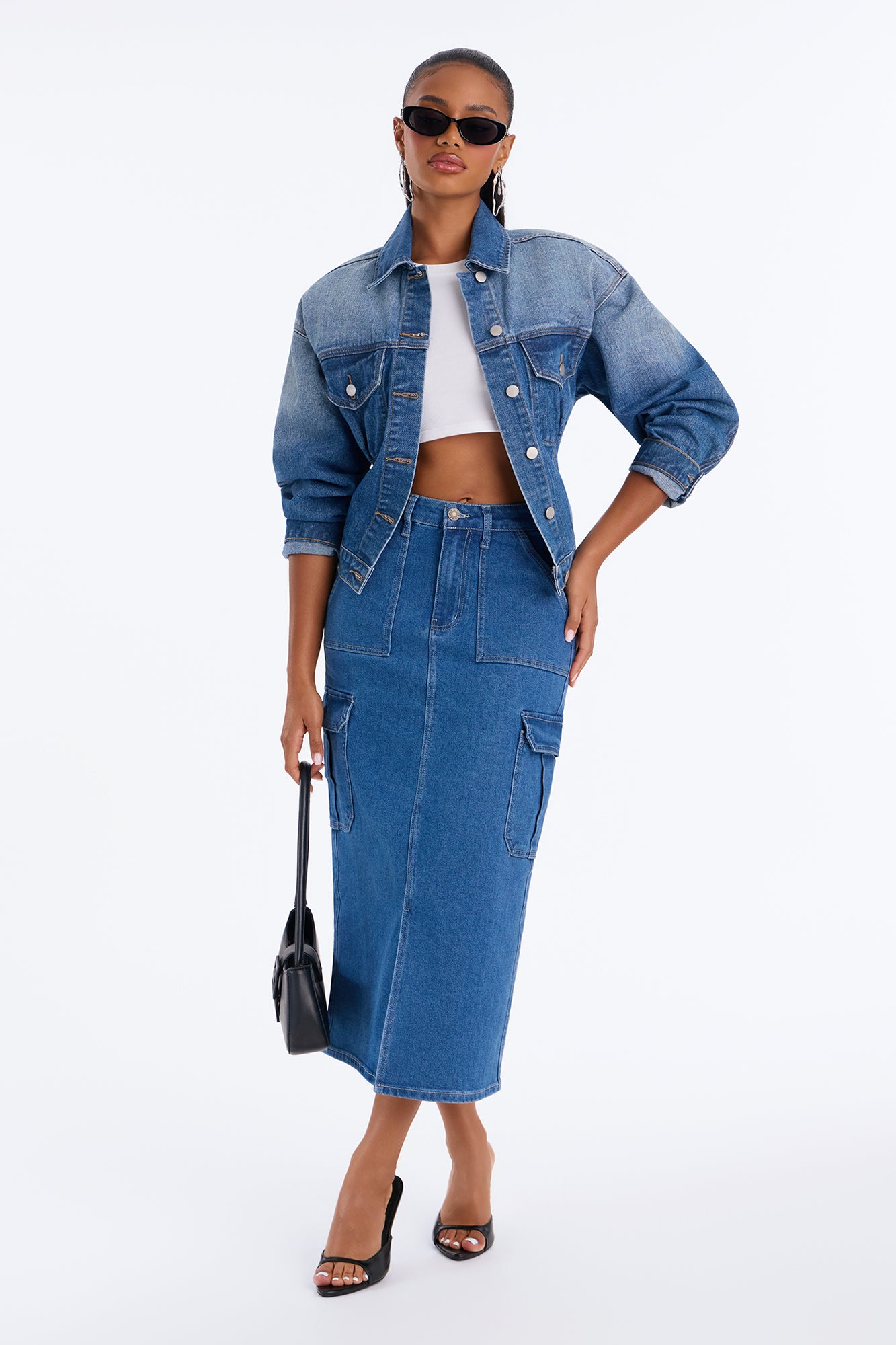 Trinity Denim Cargo Midi Skirt - Medium Wash