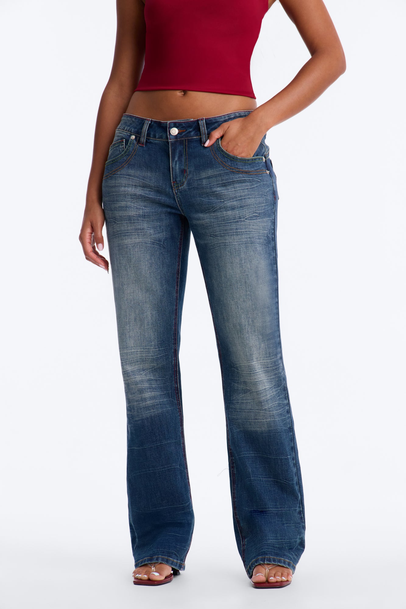 Monrow Low Rise Stretch Straight Leg Jeans - Vintage Wash