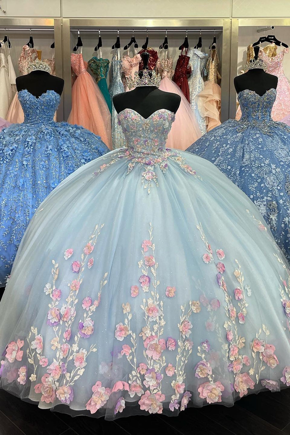 Sweetheart Princess Quinceanera Dress in Sparkly Blue Lilac with Pink Floral Sequin Tulle