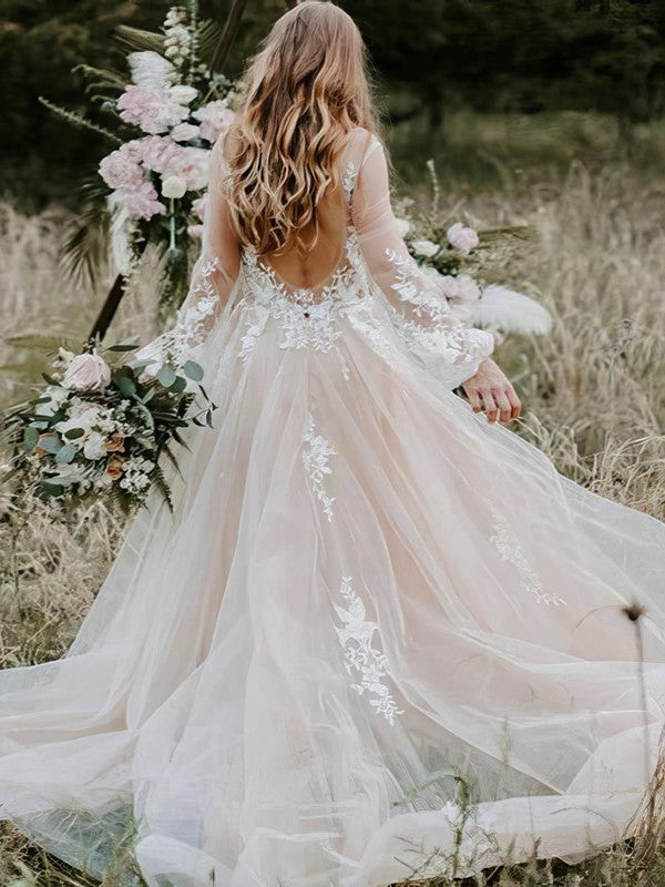 Beautiful Backless V-Neck Long Sleeves Tulle A-Line Wedding Dresses with Sweep Train