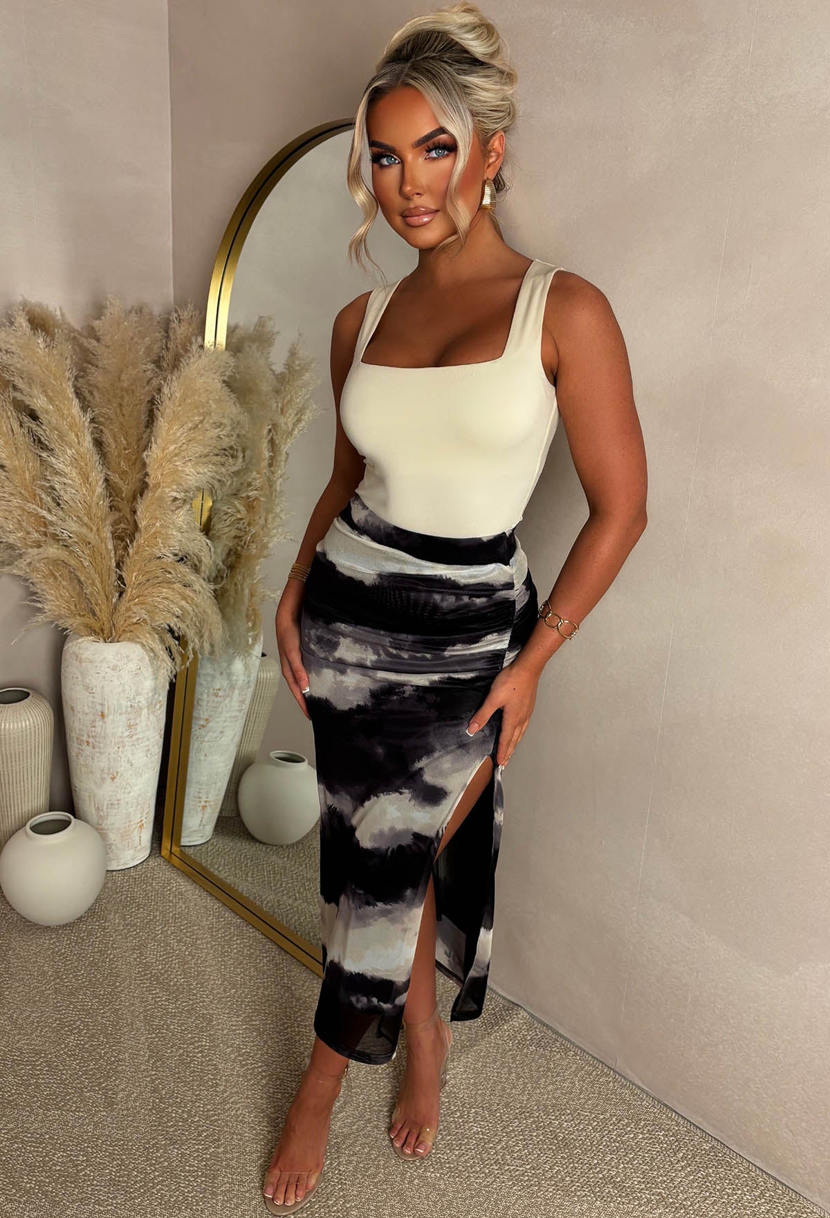 Seductive Diva Black Marble Printed Stretch Mesh Split Skirt