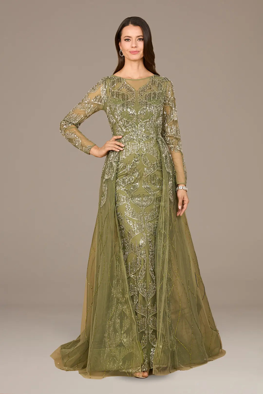 Long Sleeve Gown with Overskirt and High Neck