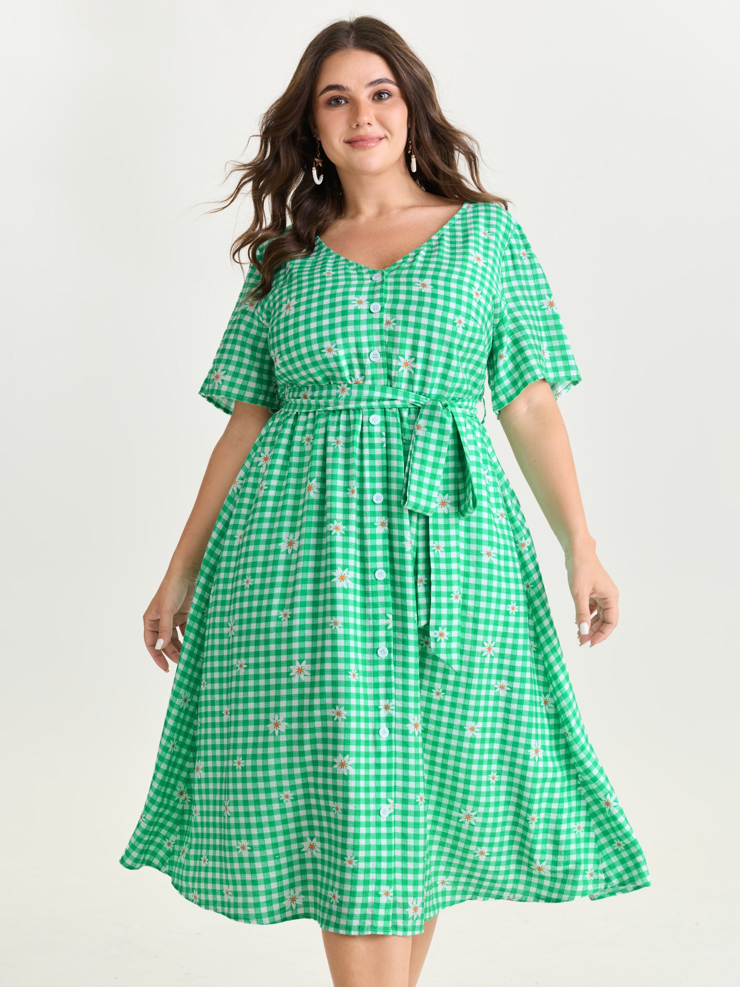 Floral Check Print Waist-Tie Midi Dress