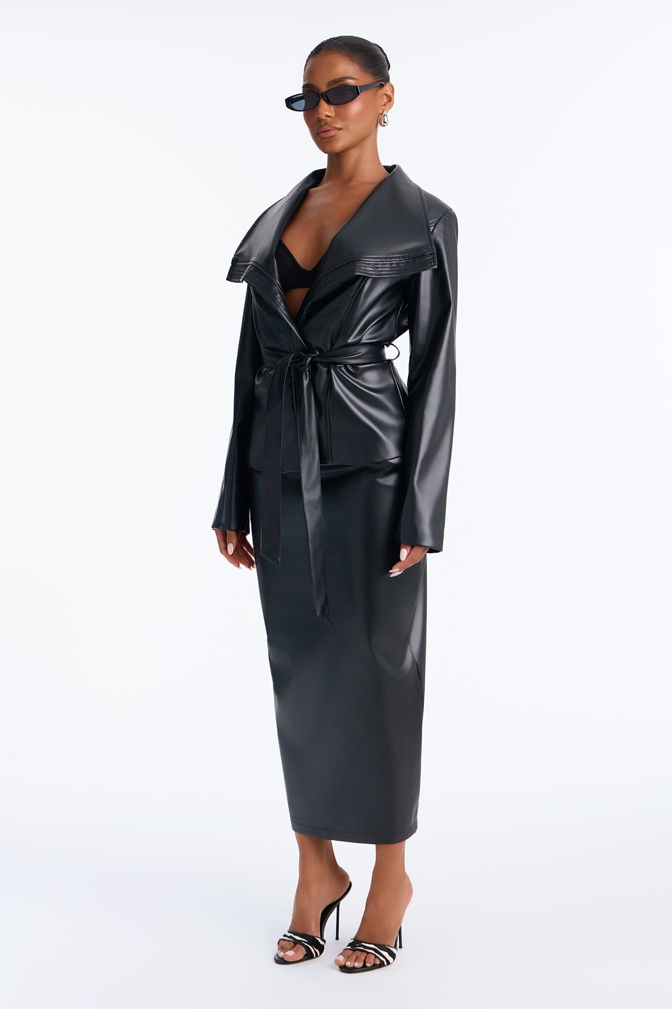 Gisella Faux Leather Tie Waist Skirt Set - Black