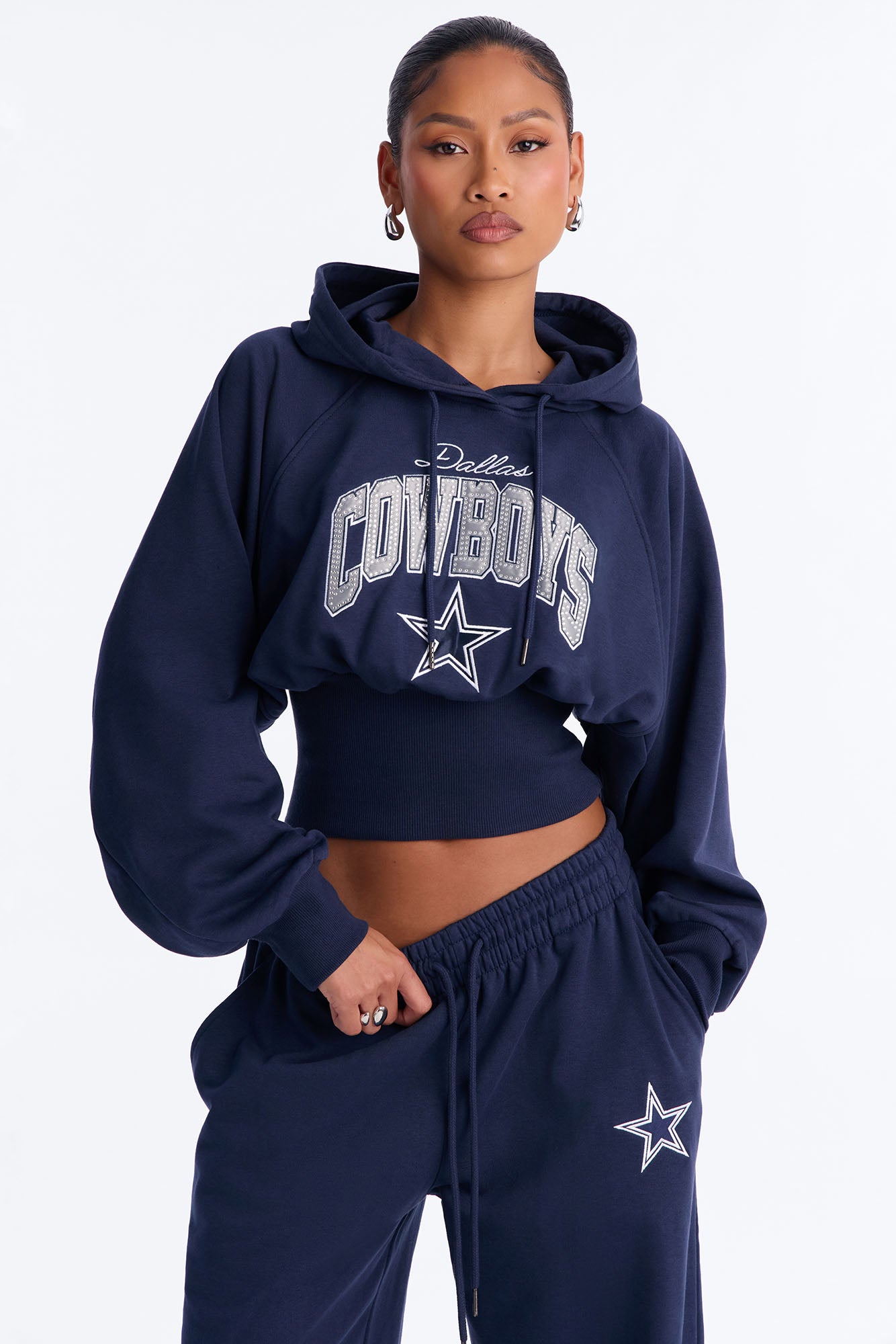 NFL Cowboys Cinched Rhinestone Hoodie Sweatshirt - Navy