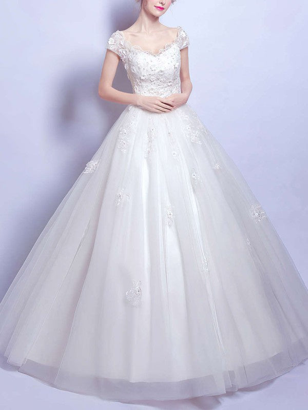 Gorgeous V-Neck Capped Tulle Floor-Length Ball Gown Lace Wedding Dresses with Appliques