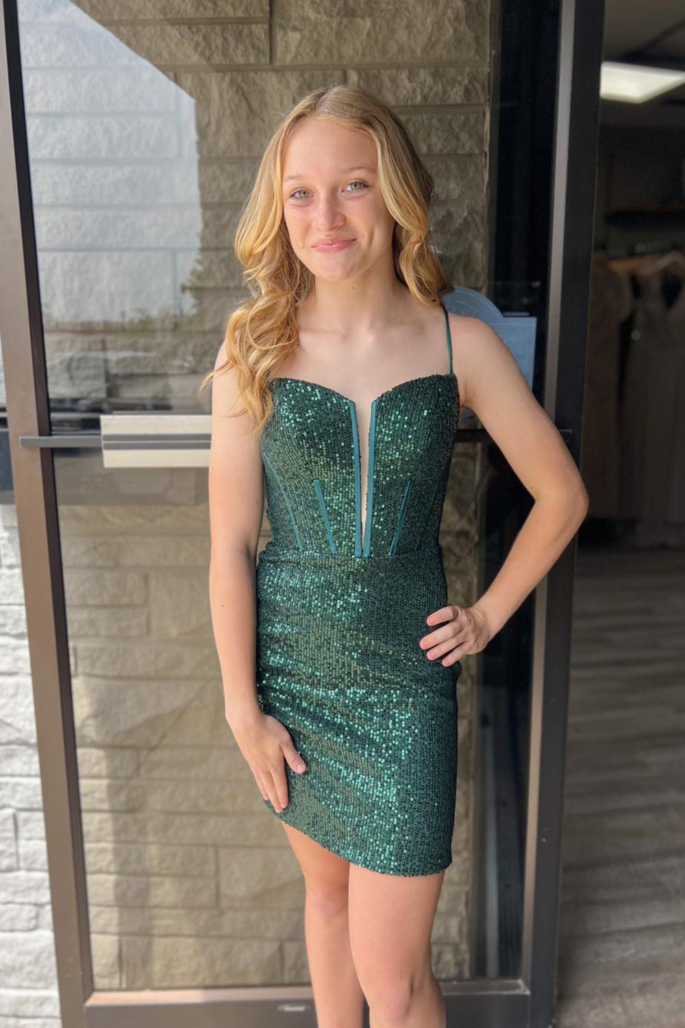 Sparkly Dark Green Corset Sequins Sleeveless Tight Homecoming Dress/Mini Dress