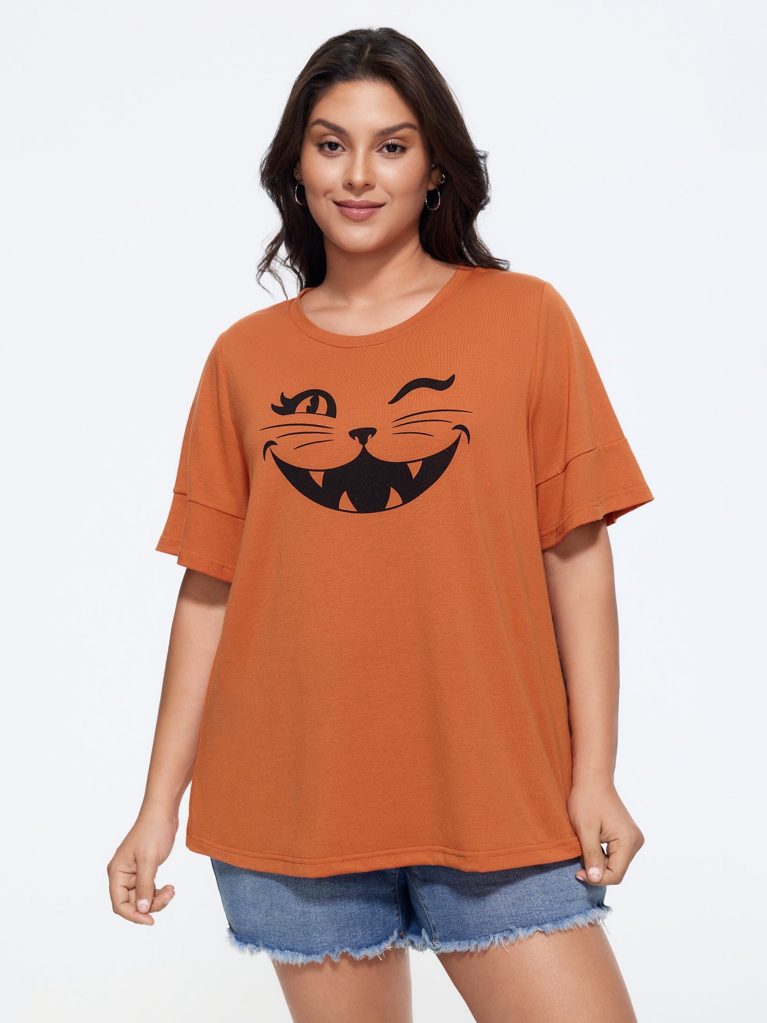 Stretch Winking Cat Face Print T-Shirt