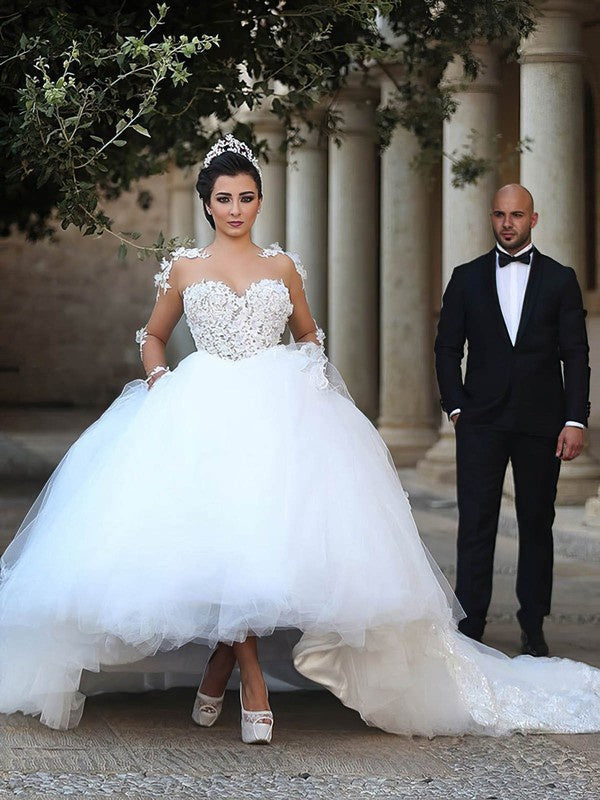 Elegant Ball Gown Long Sleeves Tulle Cathedral Train Wedding Dresses with Appliques