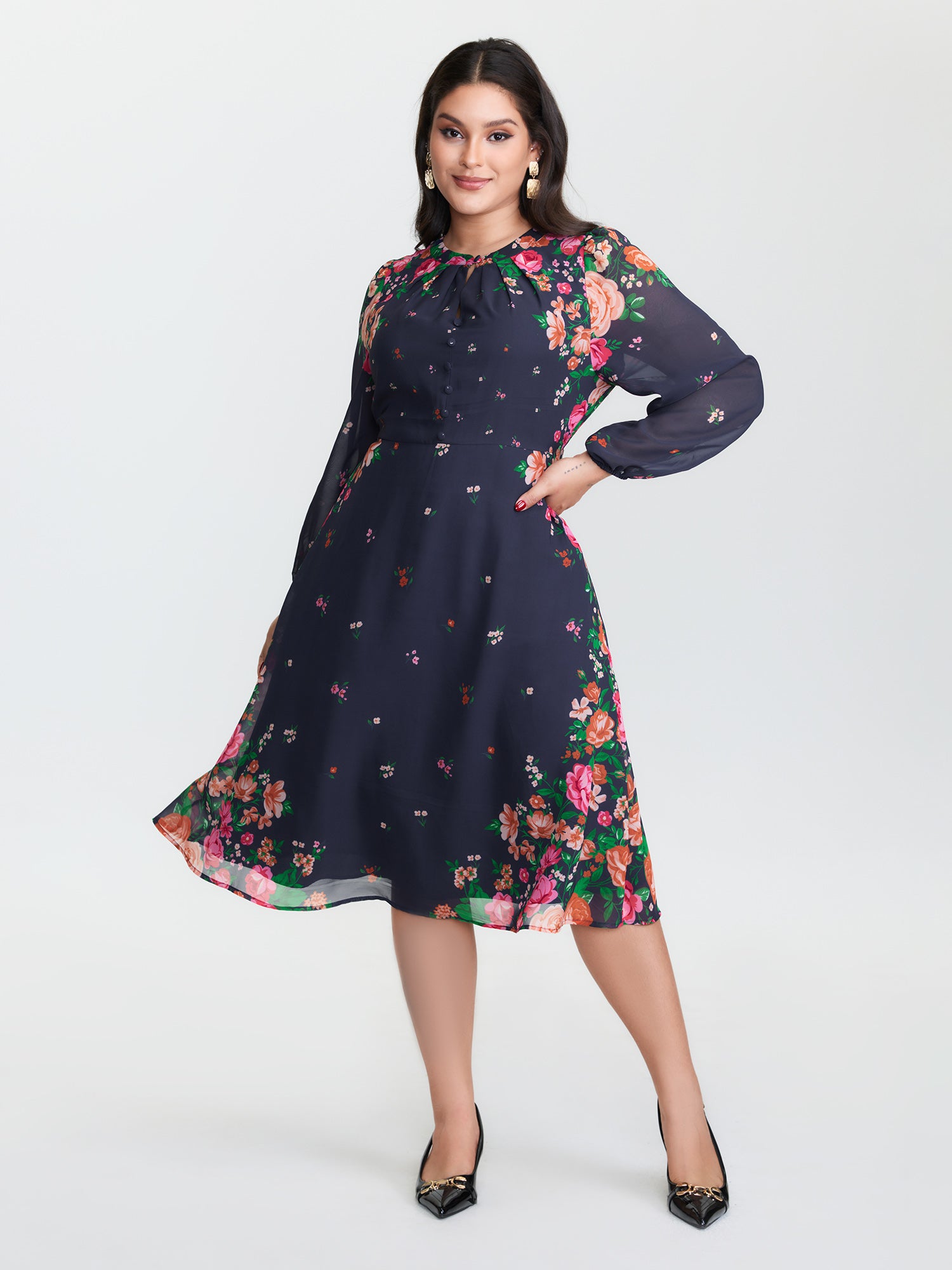 Keyhole Neckline Floral Print Midi Dress