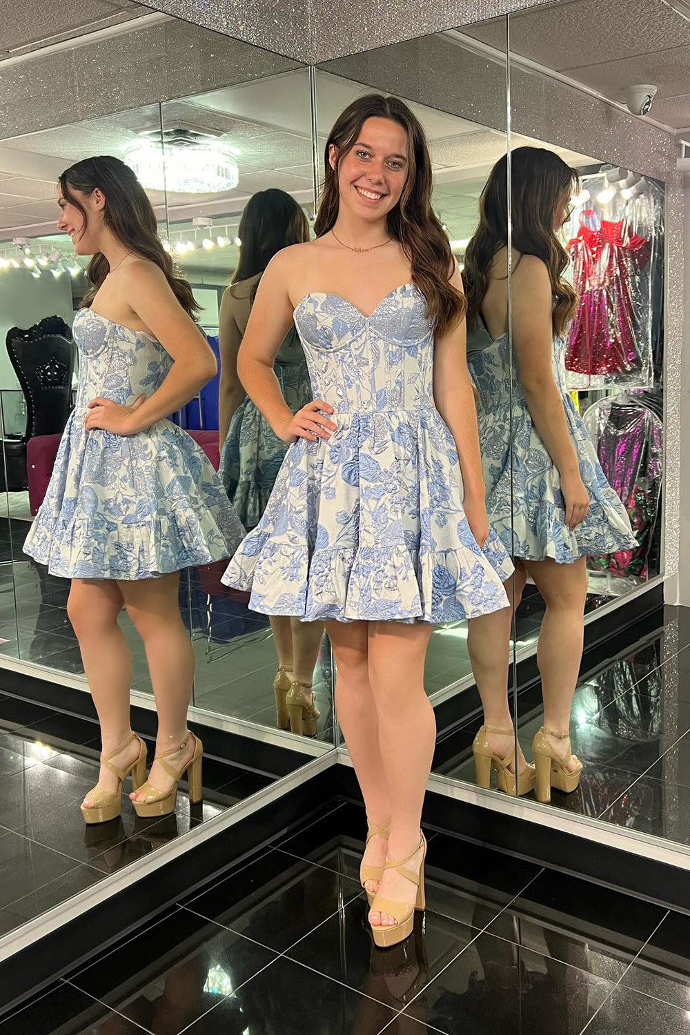Blue Corset Sweetheart Floral A Line Short Homecoming Dress/Mini Dress