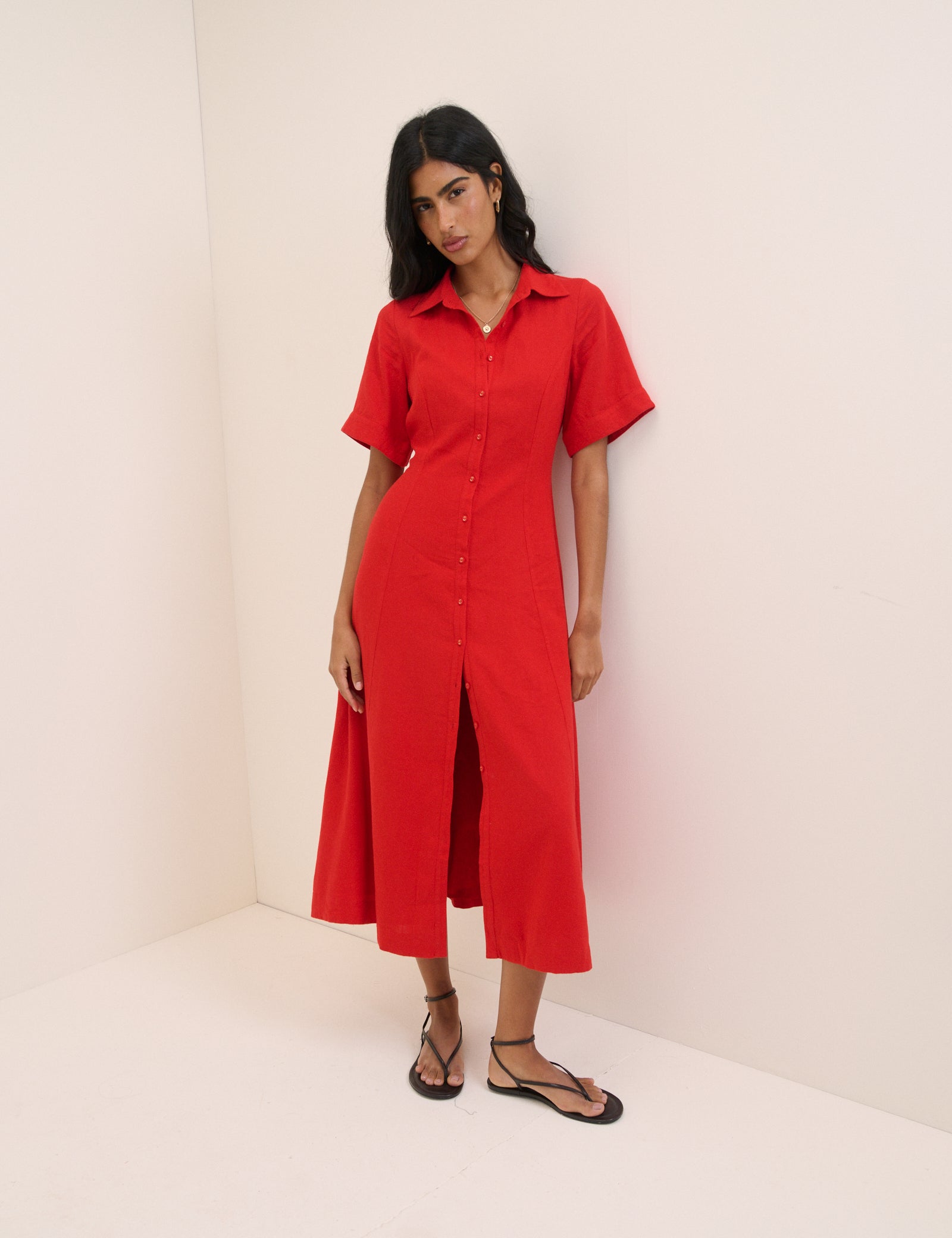 Red Linen-Rich Dillon Shirt Dress